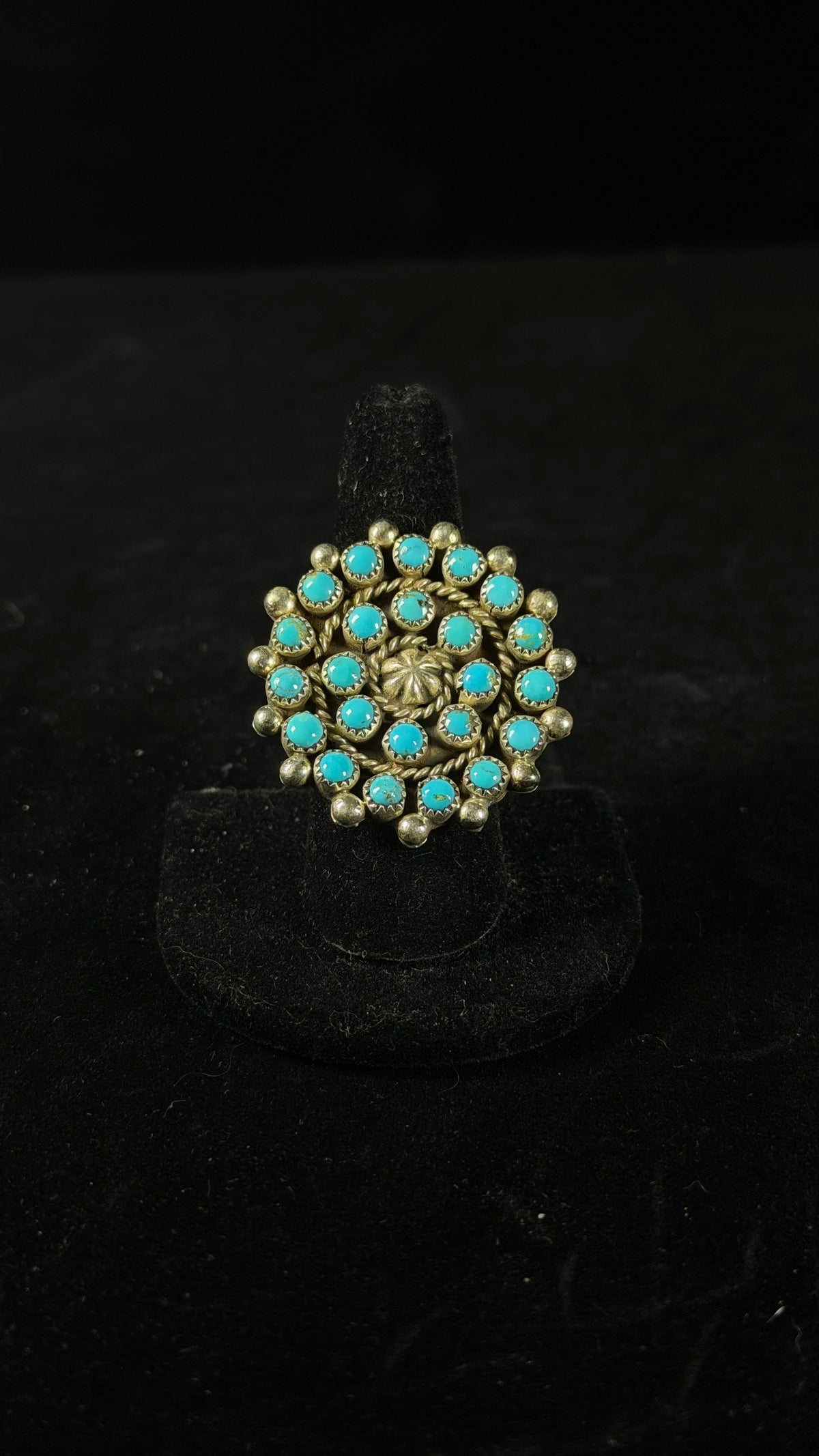 Navajo Made Kingman Turquoise & Sterling Silver Adjustable Cluster Ring