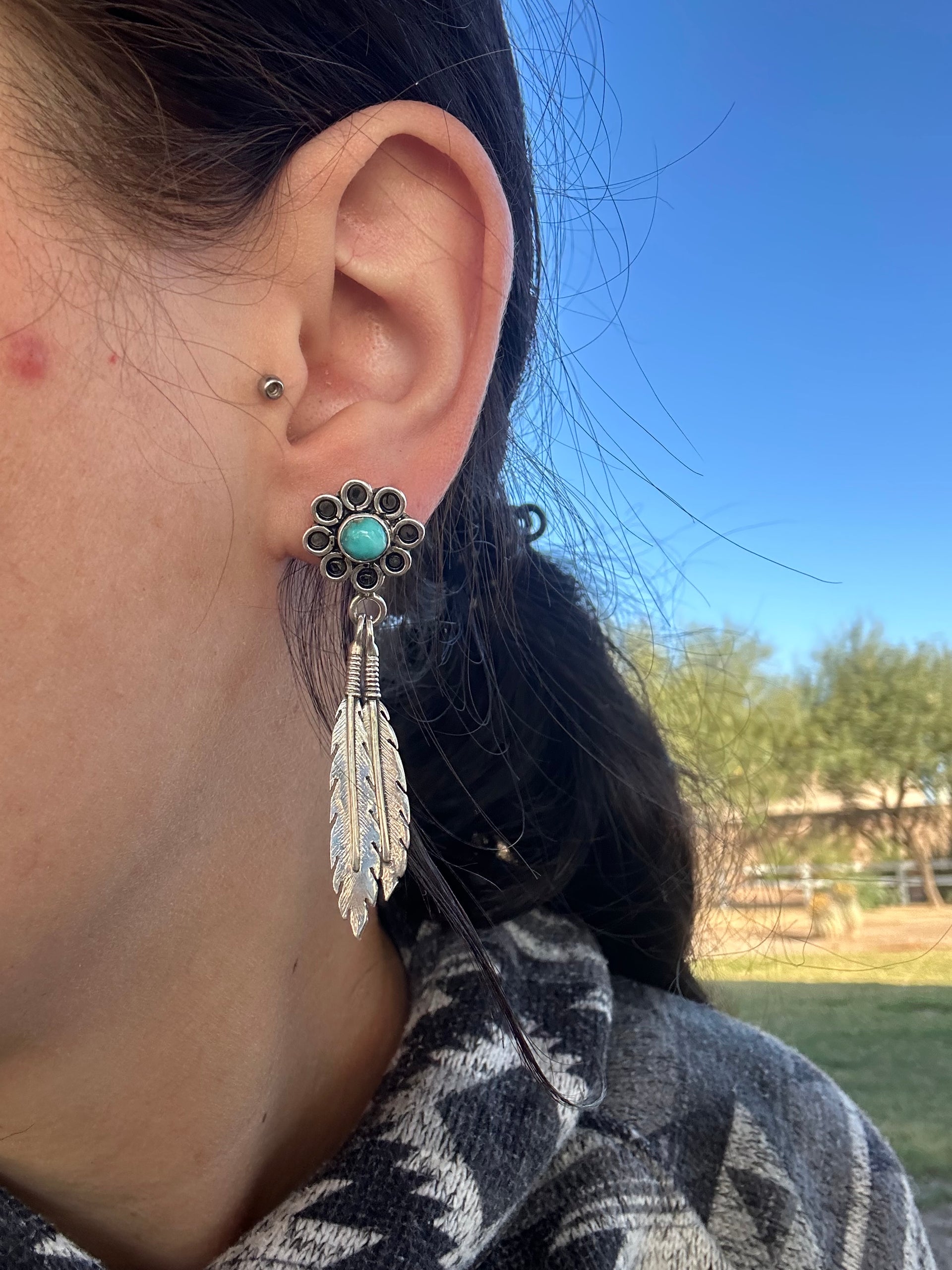 Navajo Made Kingman Turquoise & Sterling Silver Post Dangle Earrings