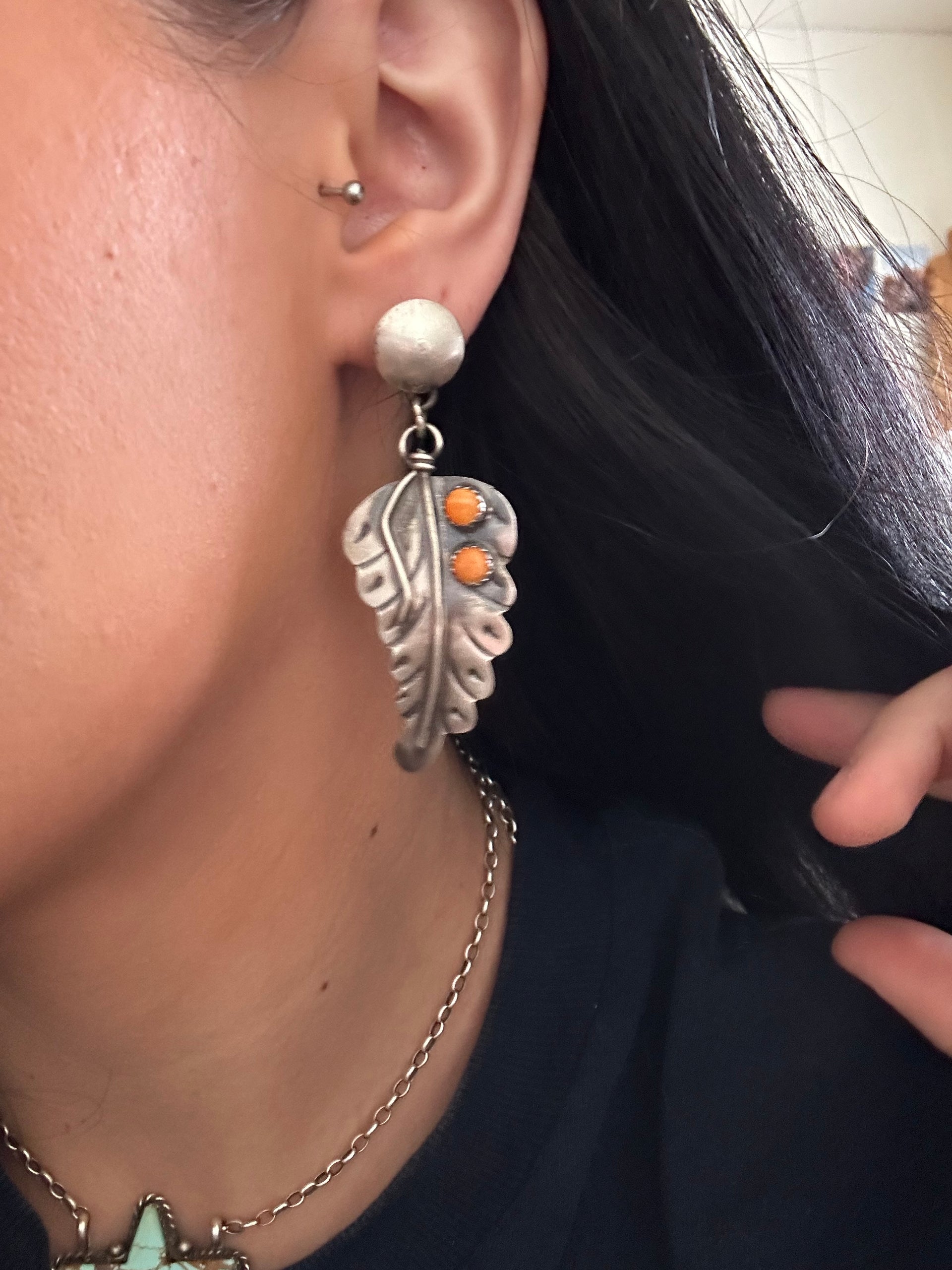 Gabriela Yazzie Spiny Oyster & Sterling Silver Post Dangle Feather Earrings
