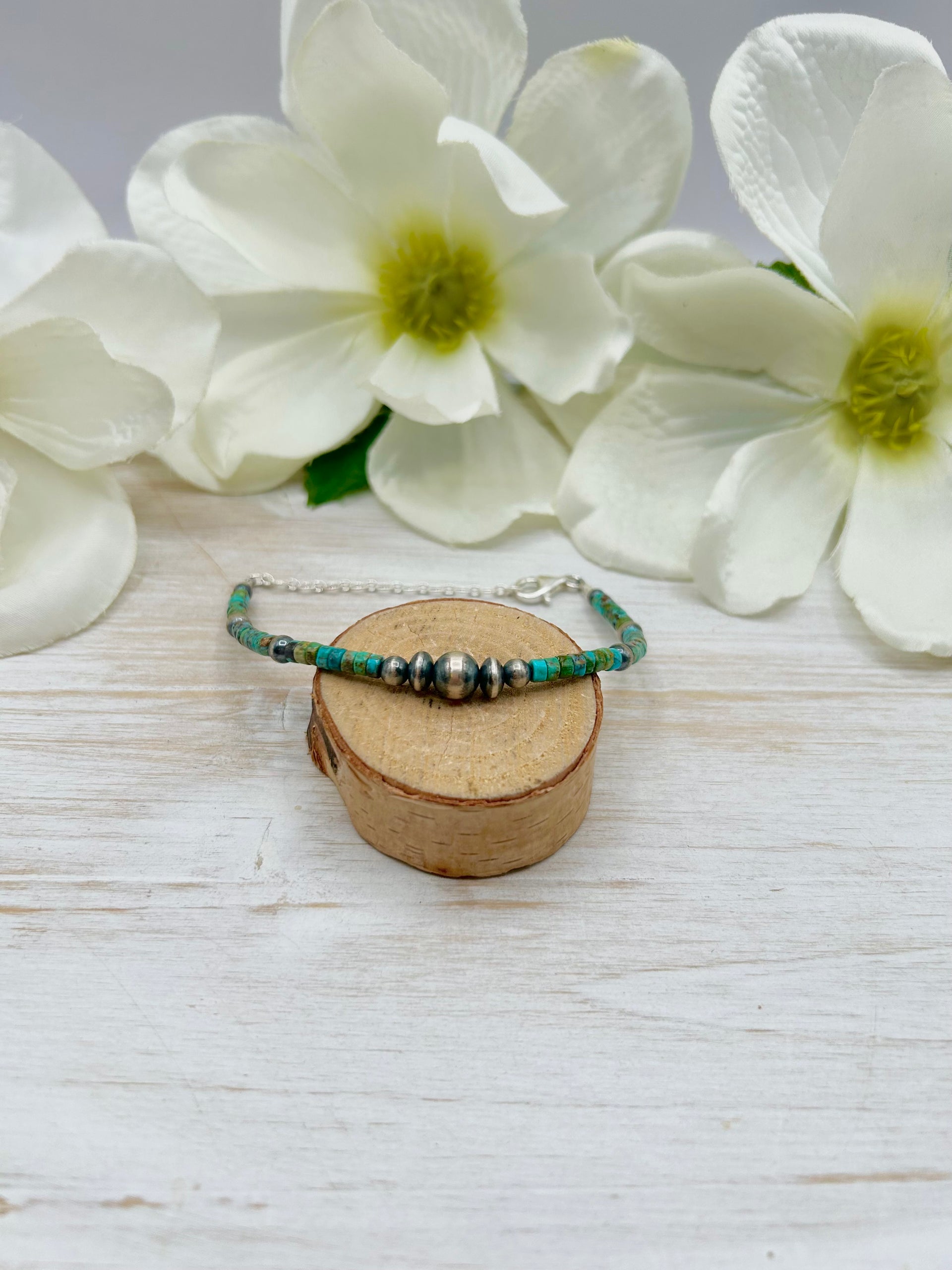 Navajo Made Strung Heshi Turquoise & Sterling Silver Link Bracelet