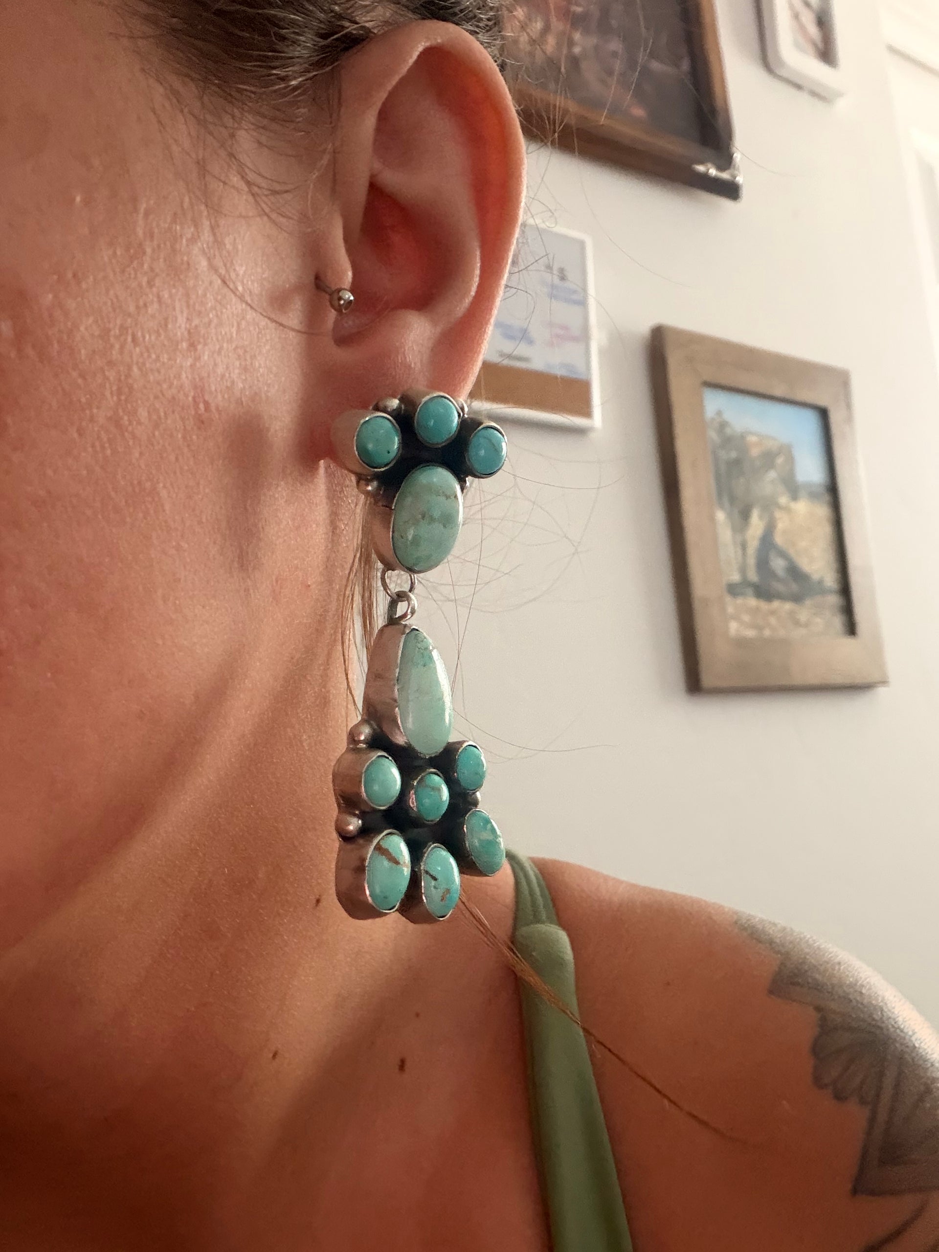 Ella Peters Carico Lake Turquoise & Sterling Silver Cluster Post Dangle Earrings