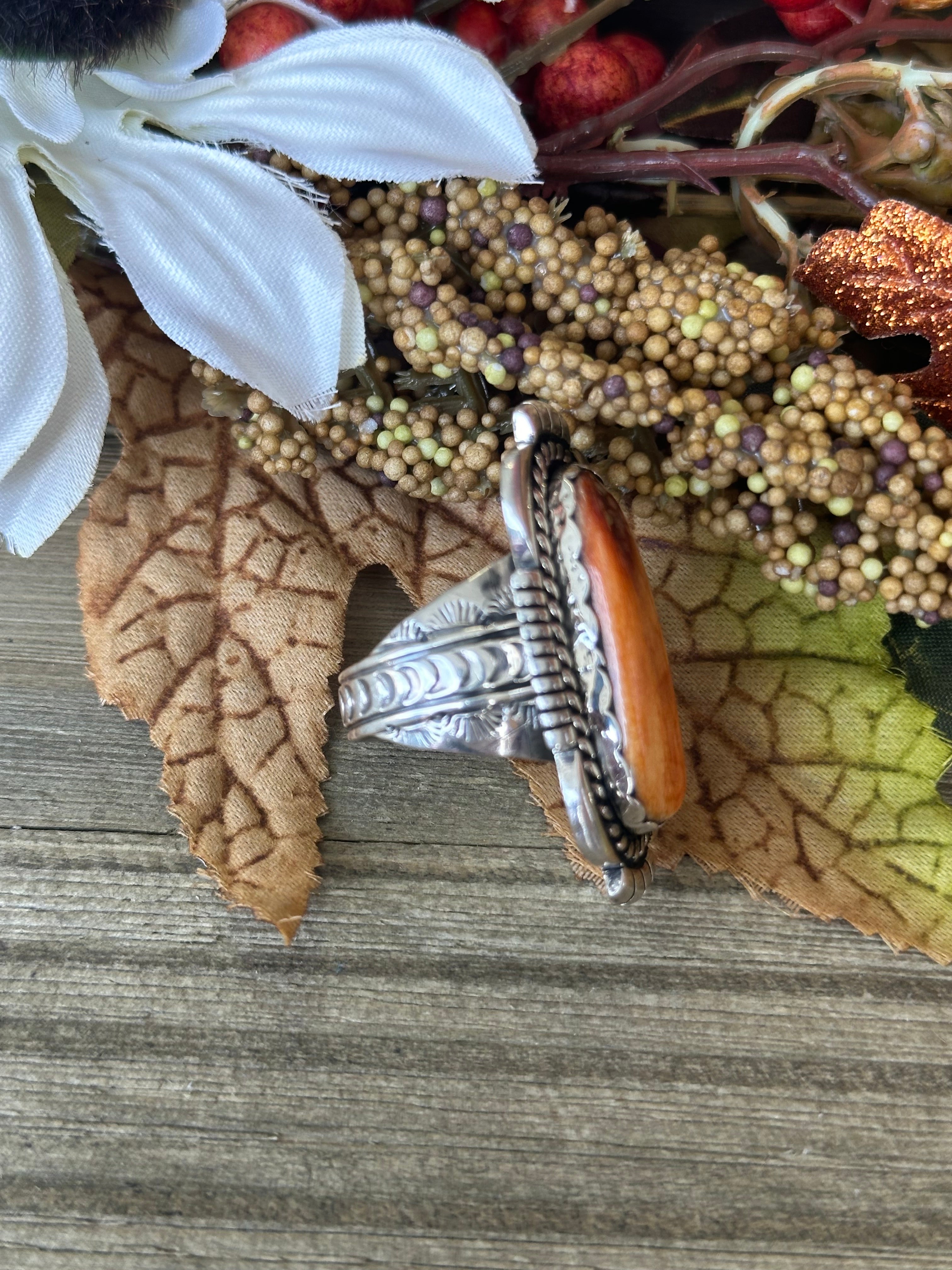 Navajo Handmade Spiny Oyster & Sterling Silver Ring Size 10.75