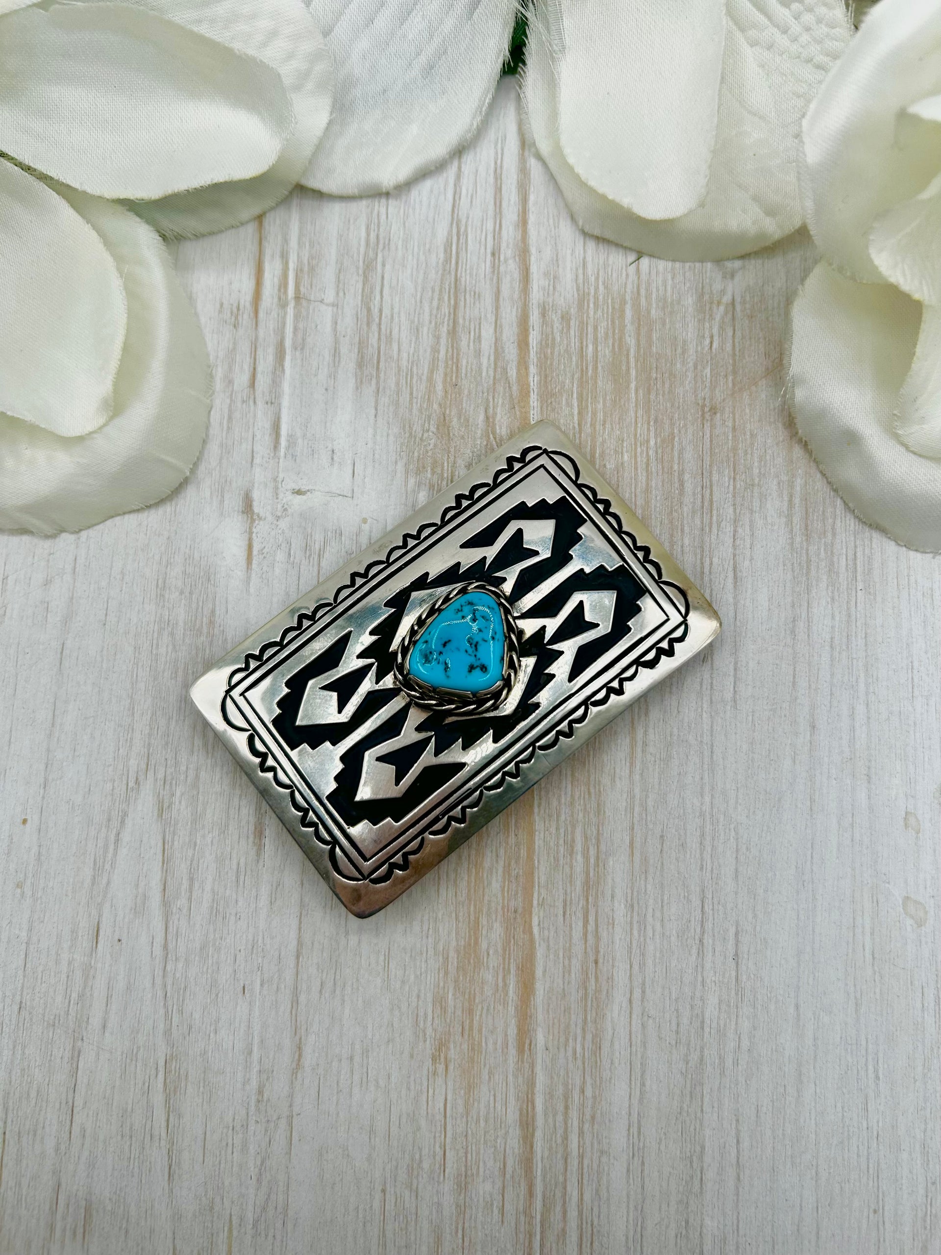 T & R Singer Kingman Turquoise & Sterling Silver Belt Buckle