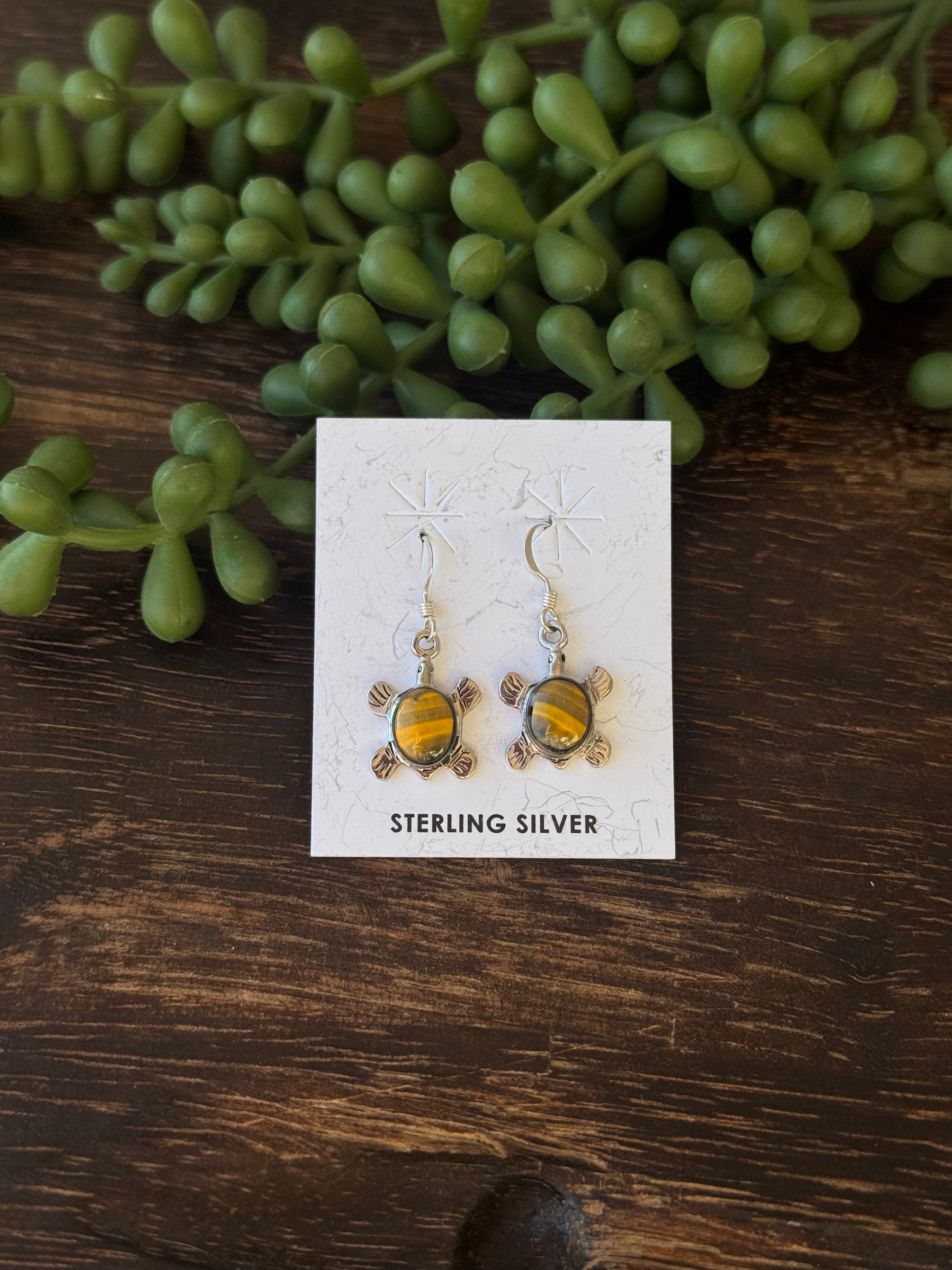 Navajo Made BB Agate & Sterling Silver Dangle Turtle Earrings