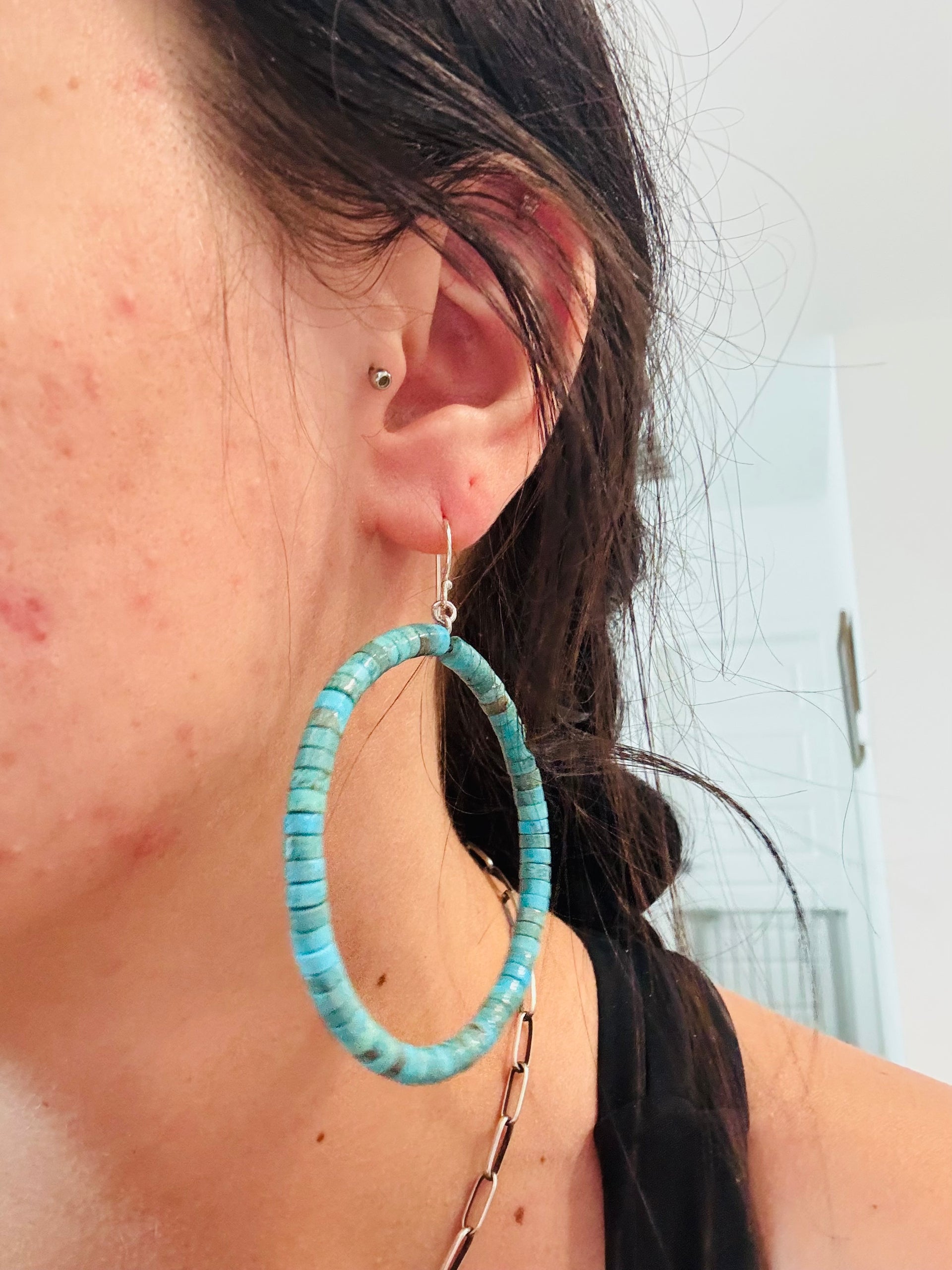 Southwest Strung Kingman Turquoise & Sterling Silver Beaded Dangle Earrings