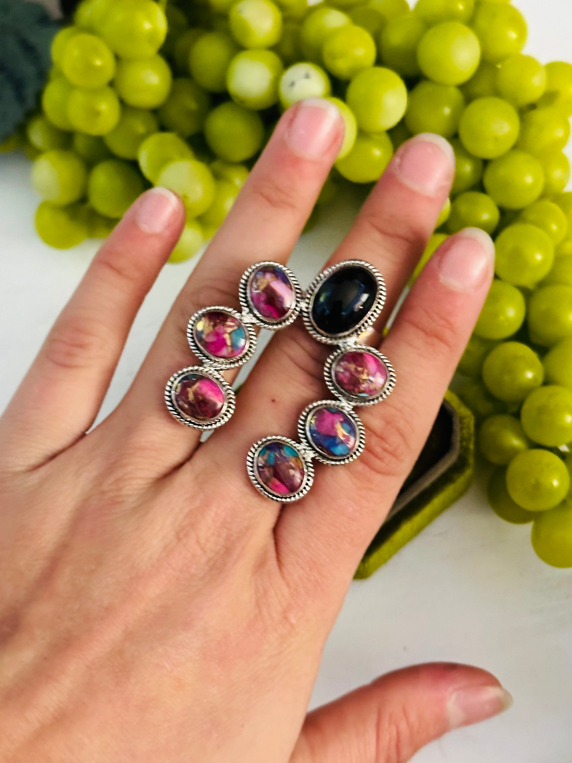 Southwest Handmade Multi Stone & Sterling Silver Adjustable Cluster Naja Ring