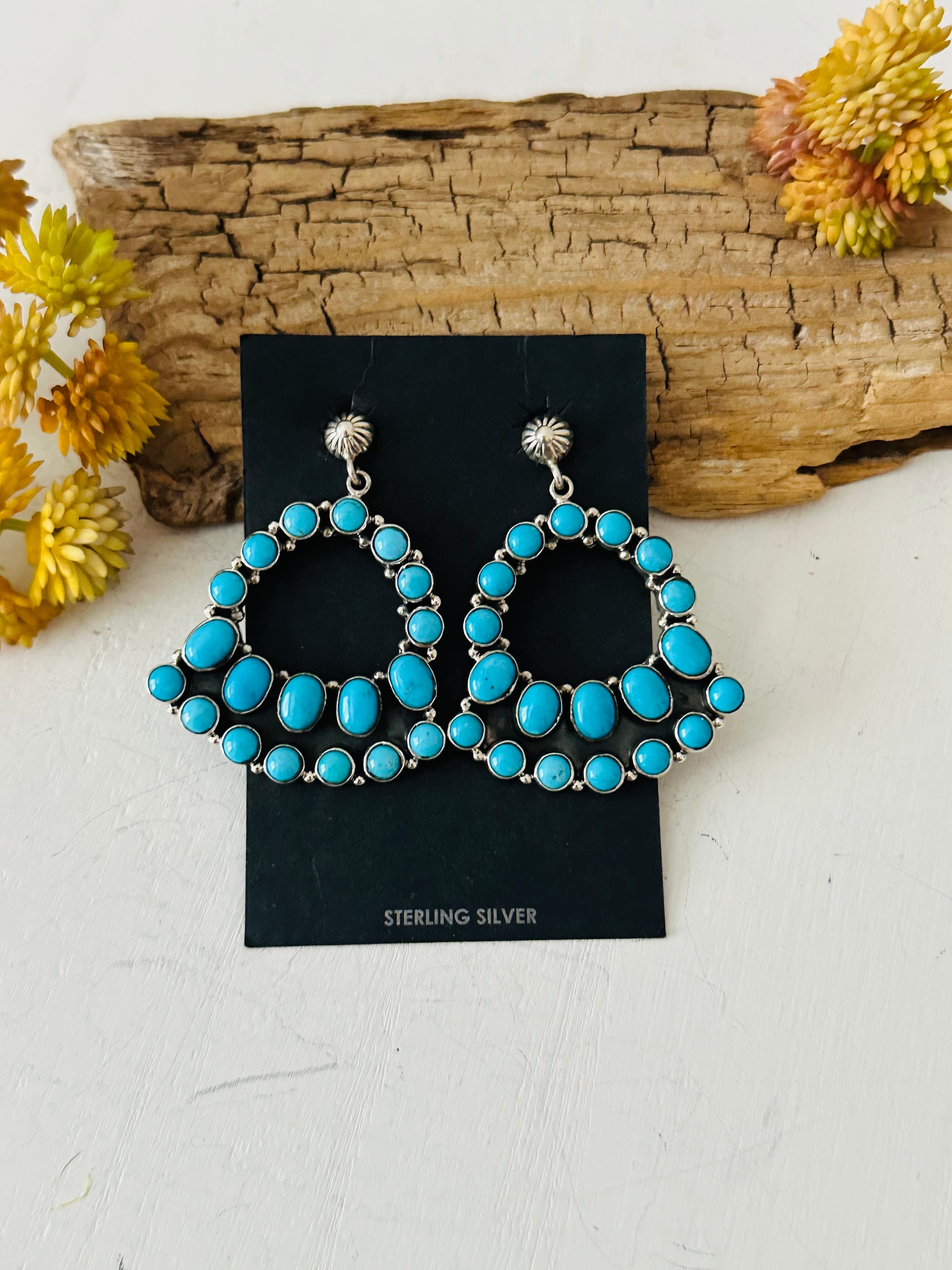 Navajo Handmade Kingman Turquoise & Sterling Silver Post Dangle Earrings