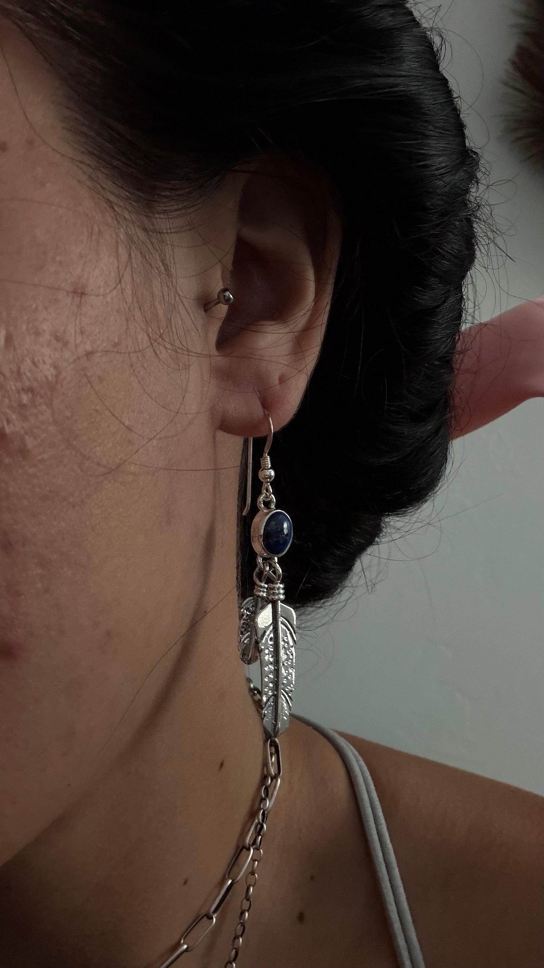 Navajo Made Lapis & Sterling Silver Feather Dangle Earrings