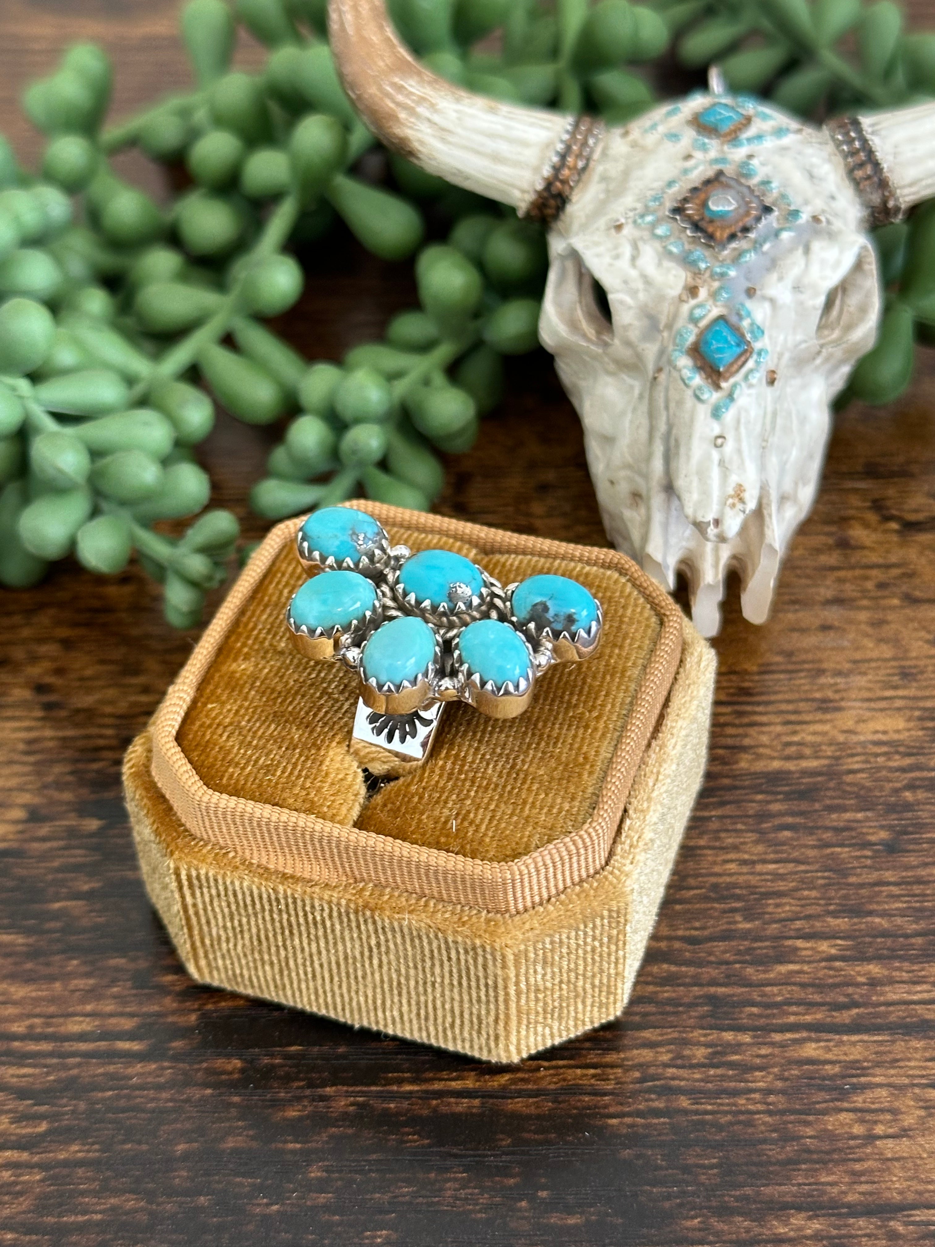 Southwest Handmade Kingman Turquoise & Sterling Silver Adjustable Cluster Ring