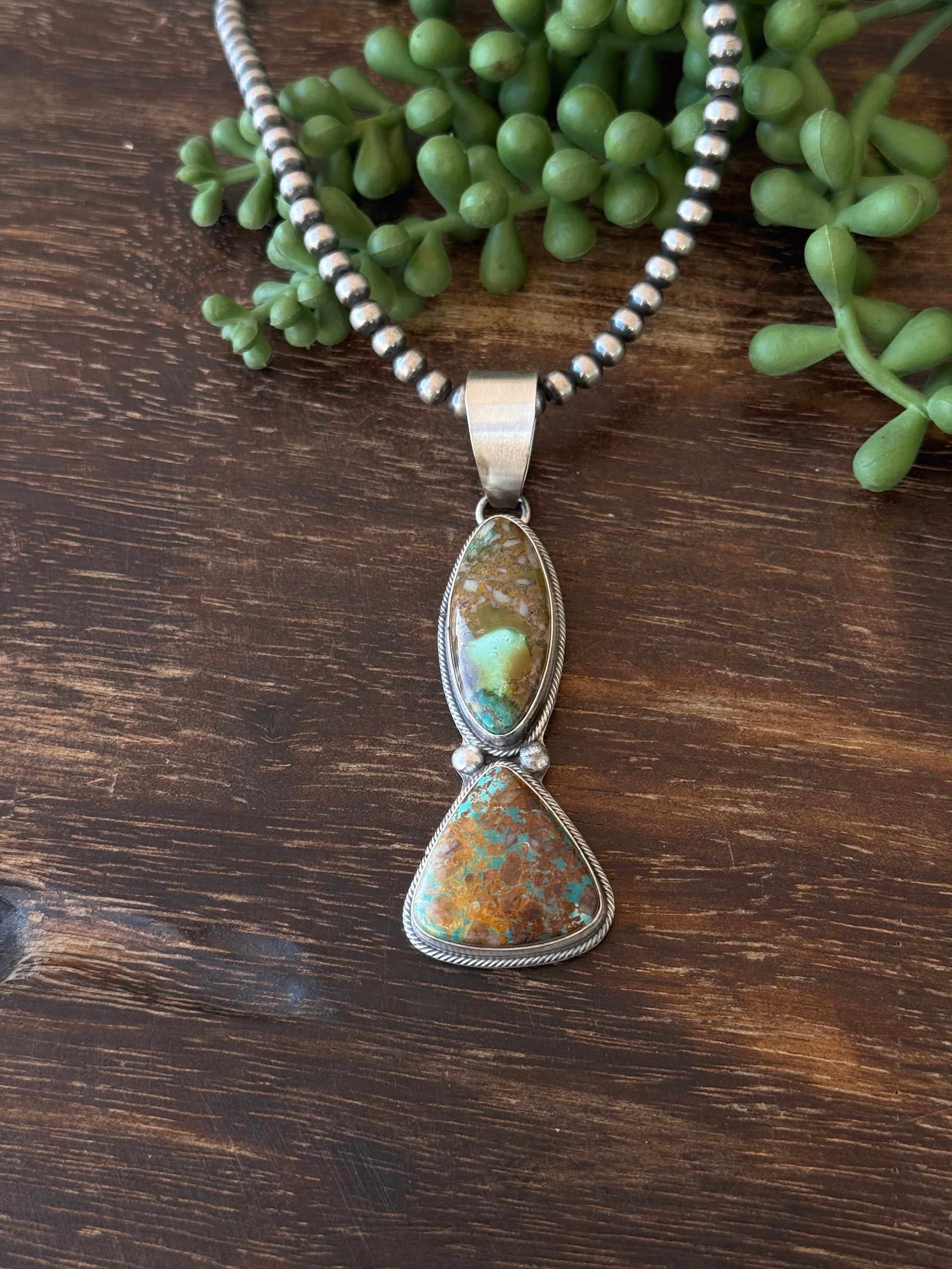 Navajo Made Ribbon Royston Turquoise & Sterling Silver Pendant