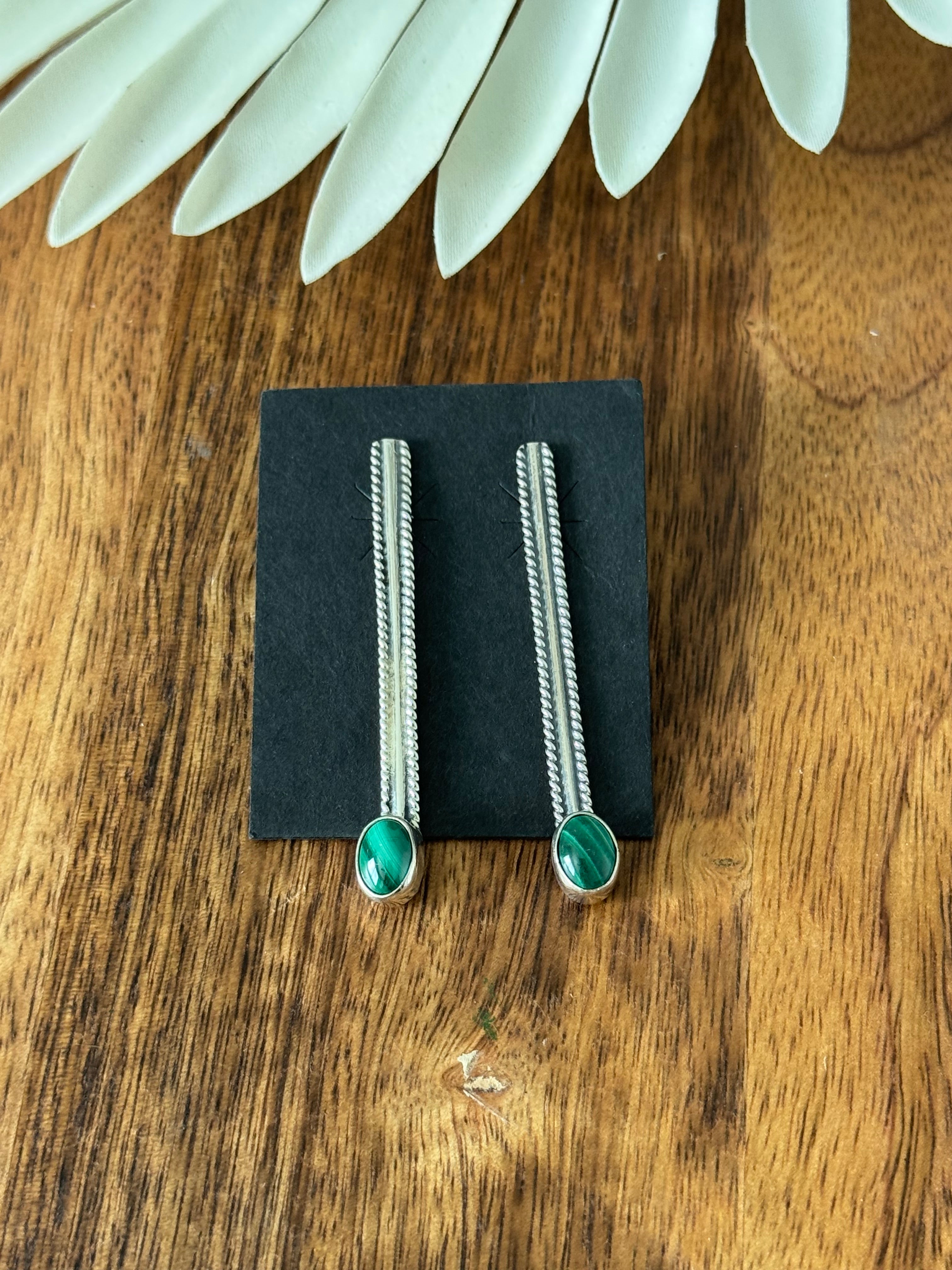 Navajo Handmade Malachite & Sterling Silver Dangle Earrings