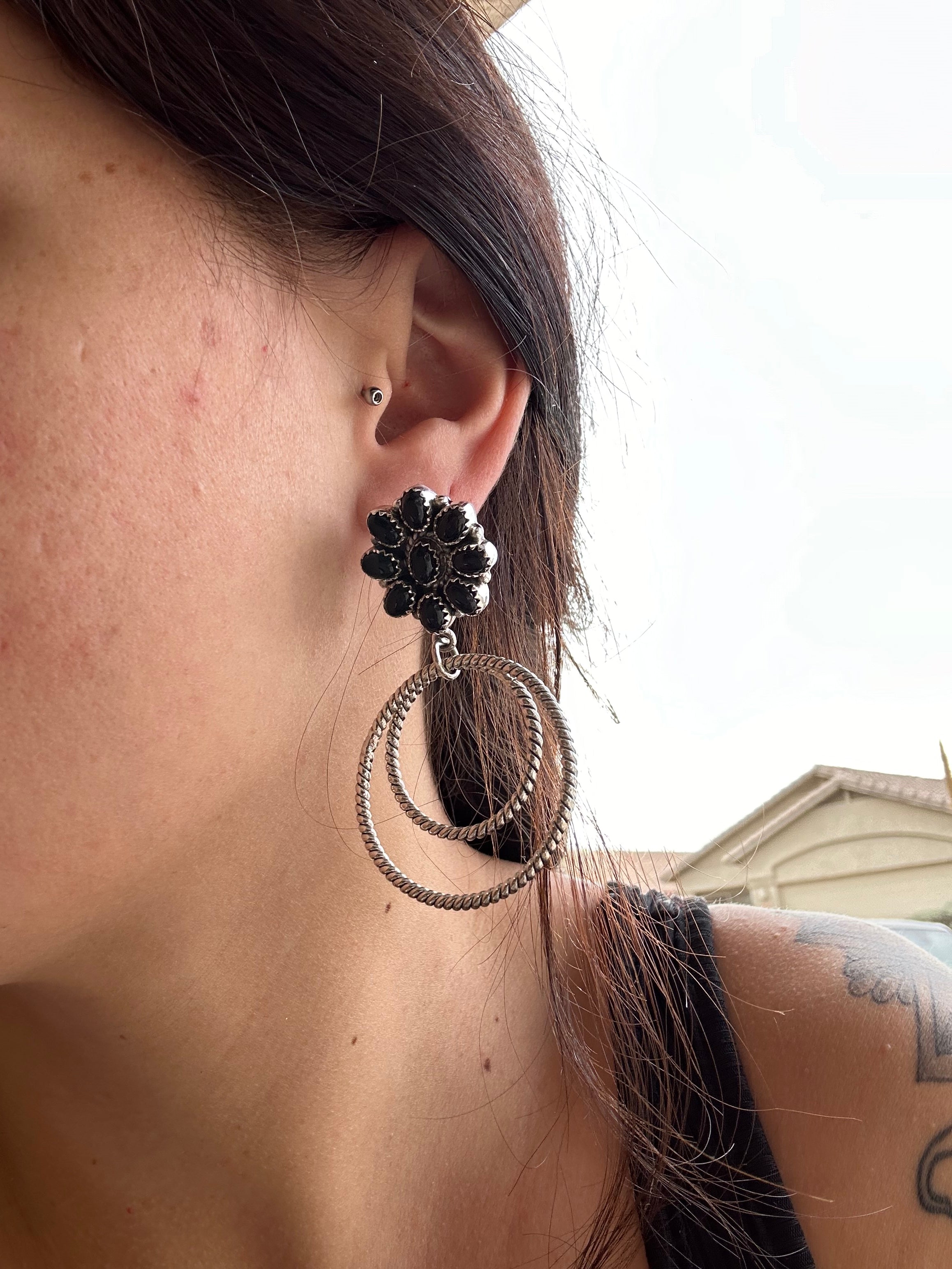 Southwest Handmade Onyx & Sterling Silver Post Dangle Earrings