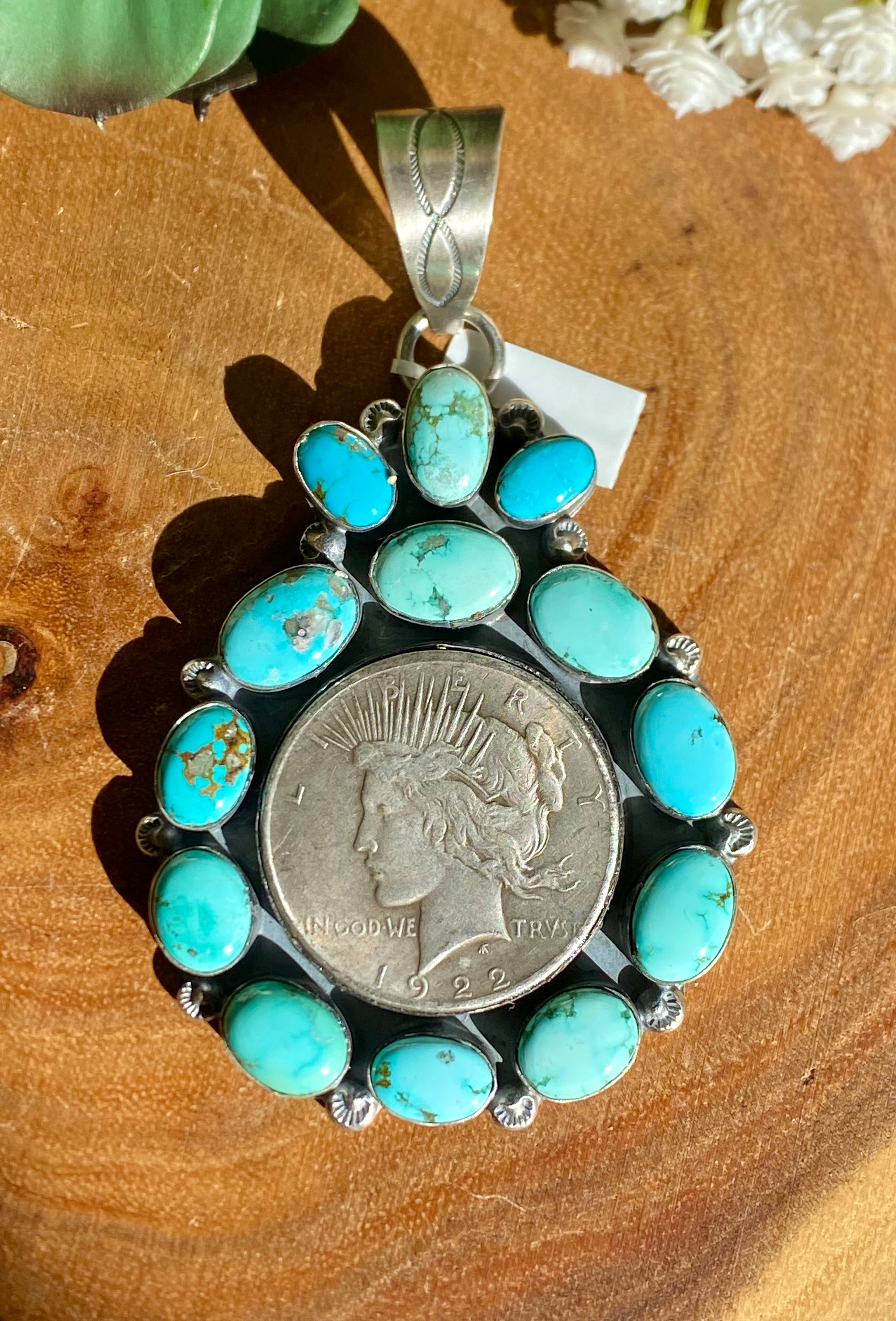 Navajo Made Kingman Turquoise & Sterling Silver 1922 Silver Dollar PENDANT ONLY