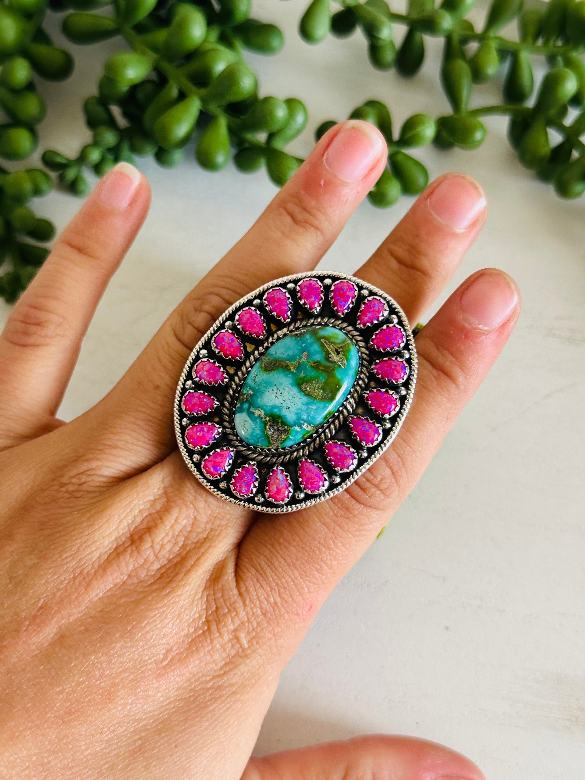 Southwest Handmade Multi Stone & Sterling Silver Adjustable Cluster Ring