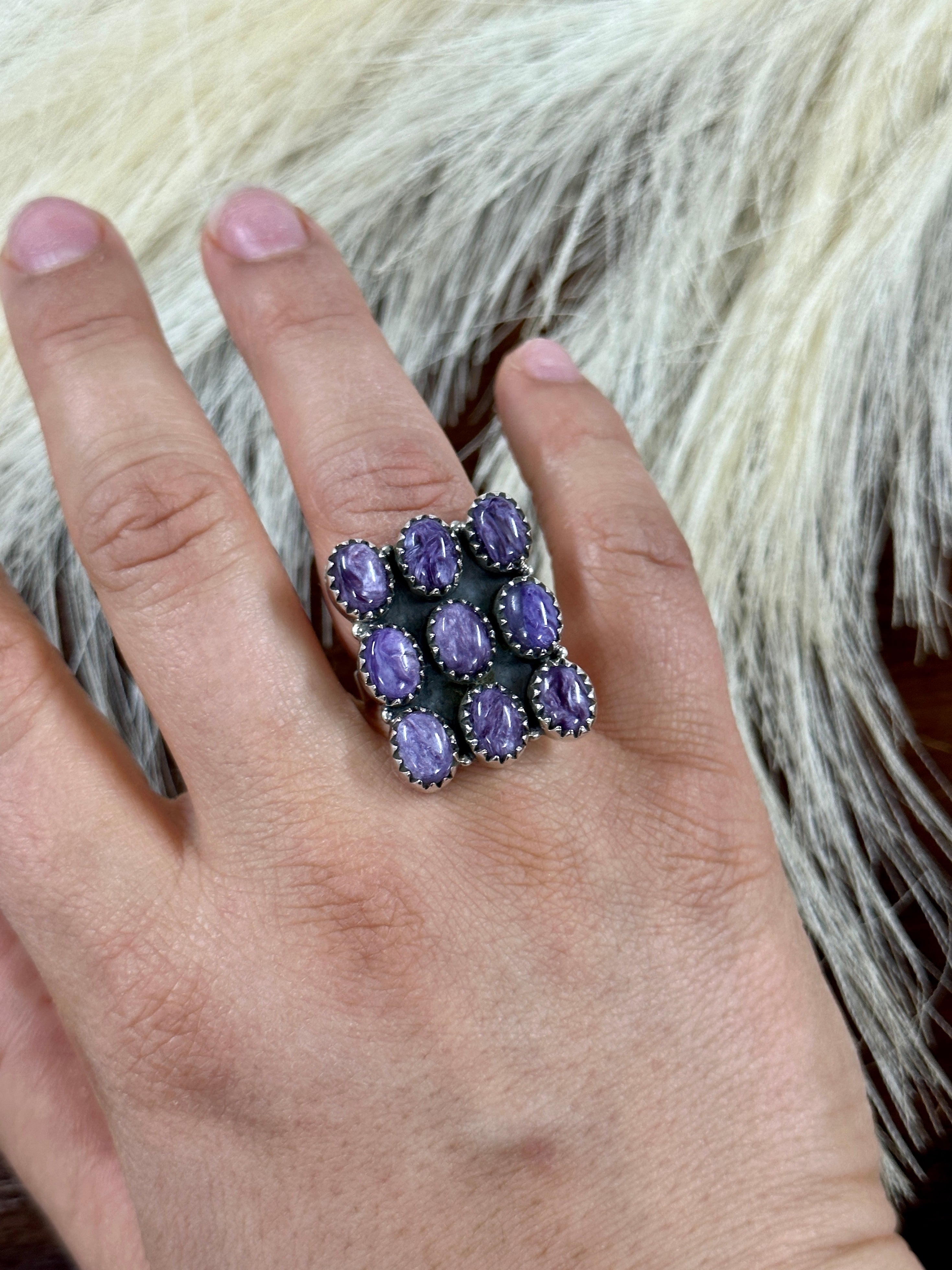 Southwest Handmade Charoite & Sterling Silver Adjustable Cluster Ring