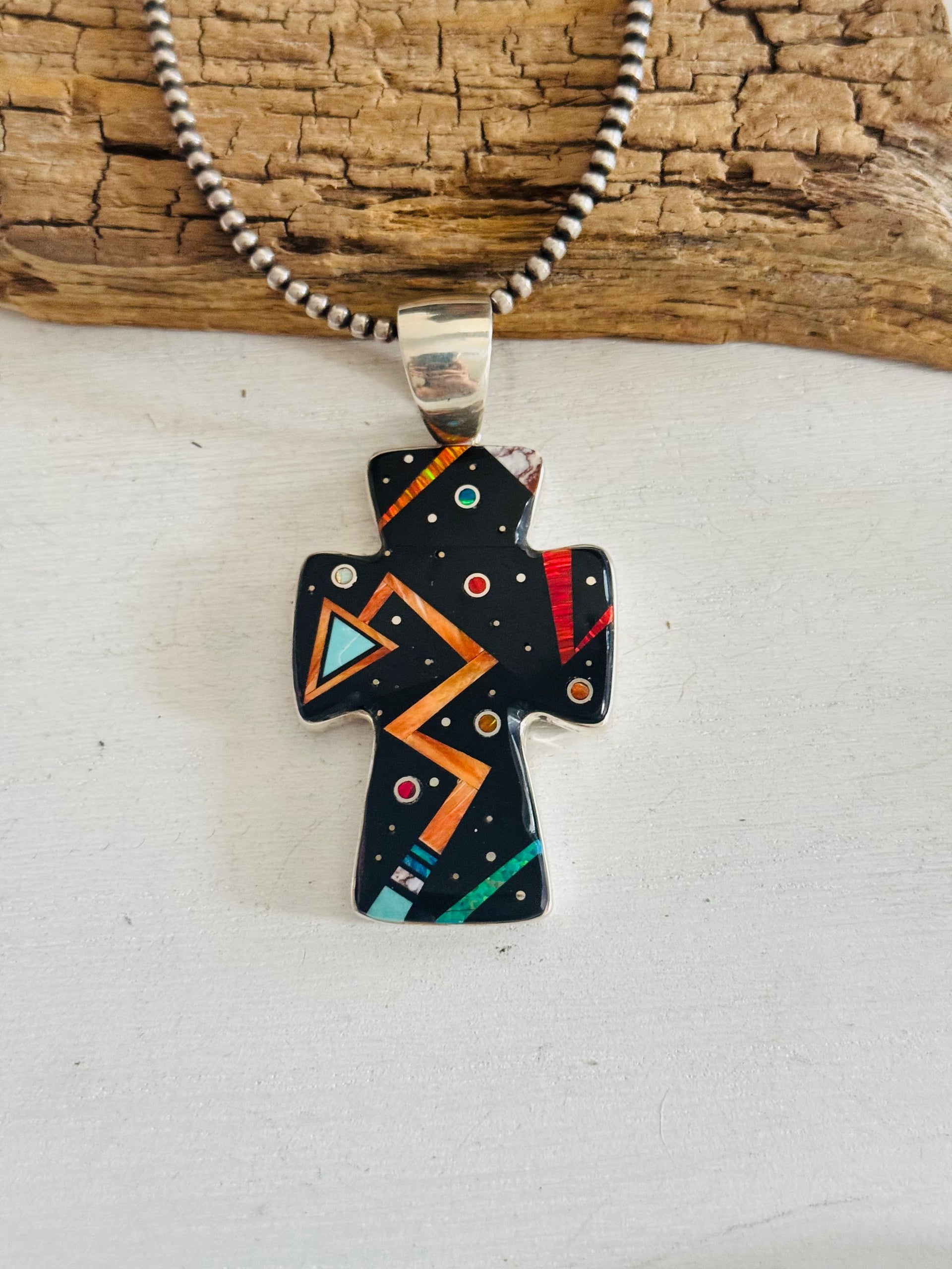 Randy James Multi Stone & Sterling Silver Micro Inlay Galaxy Cross Pendant