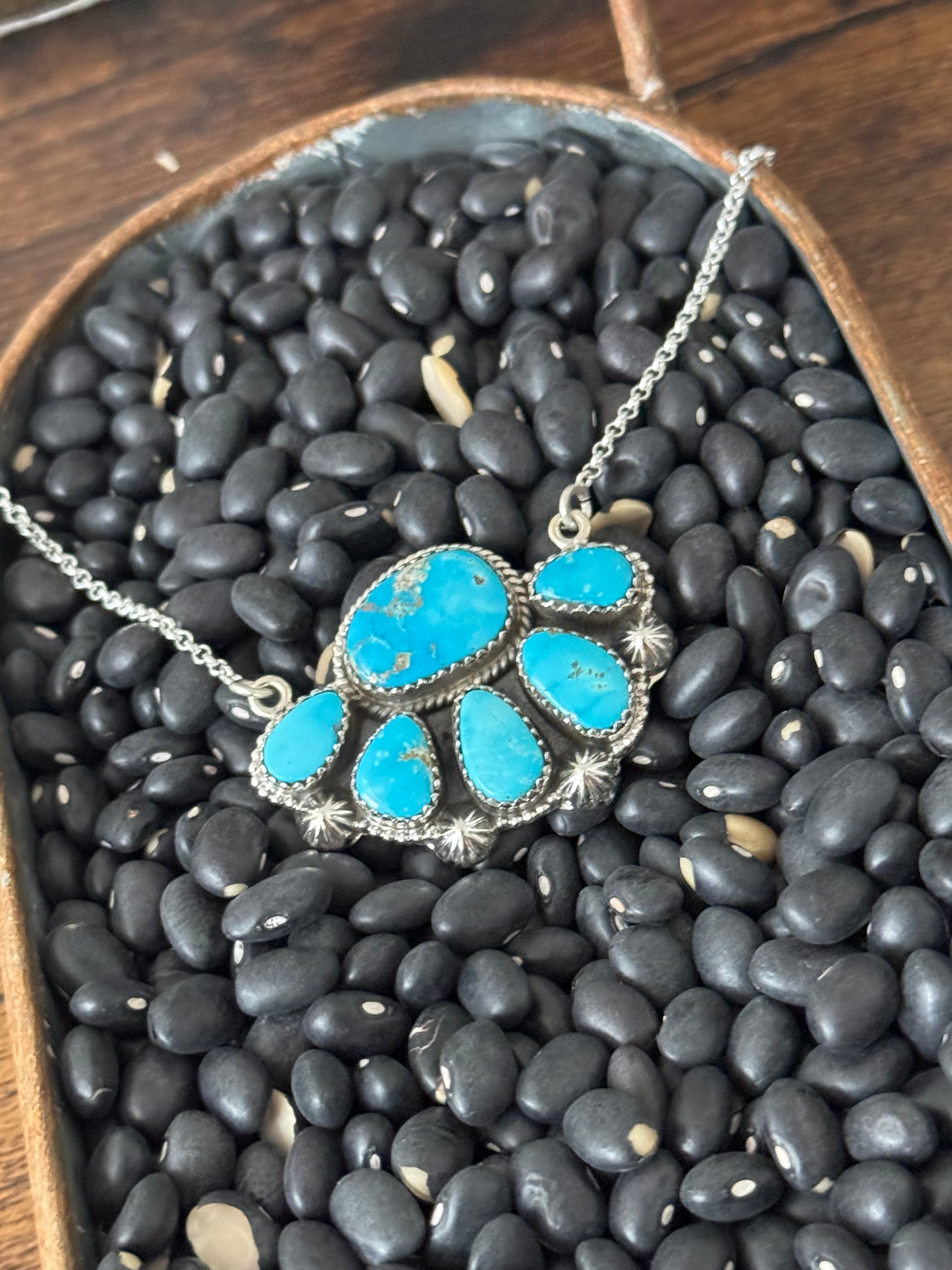 Southwest Valley Blue Turquoise & Sterling Silver Cluster Necklace