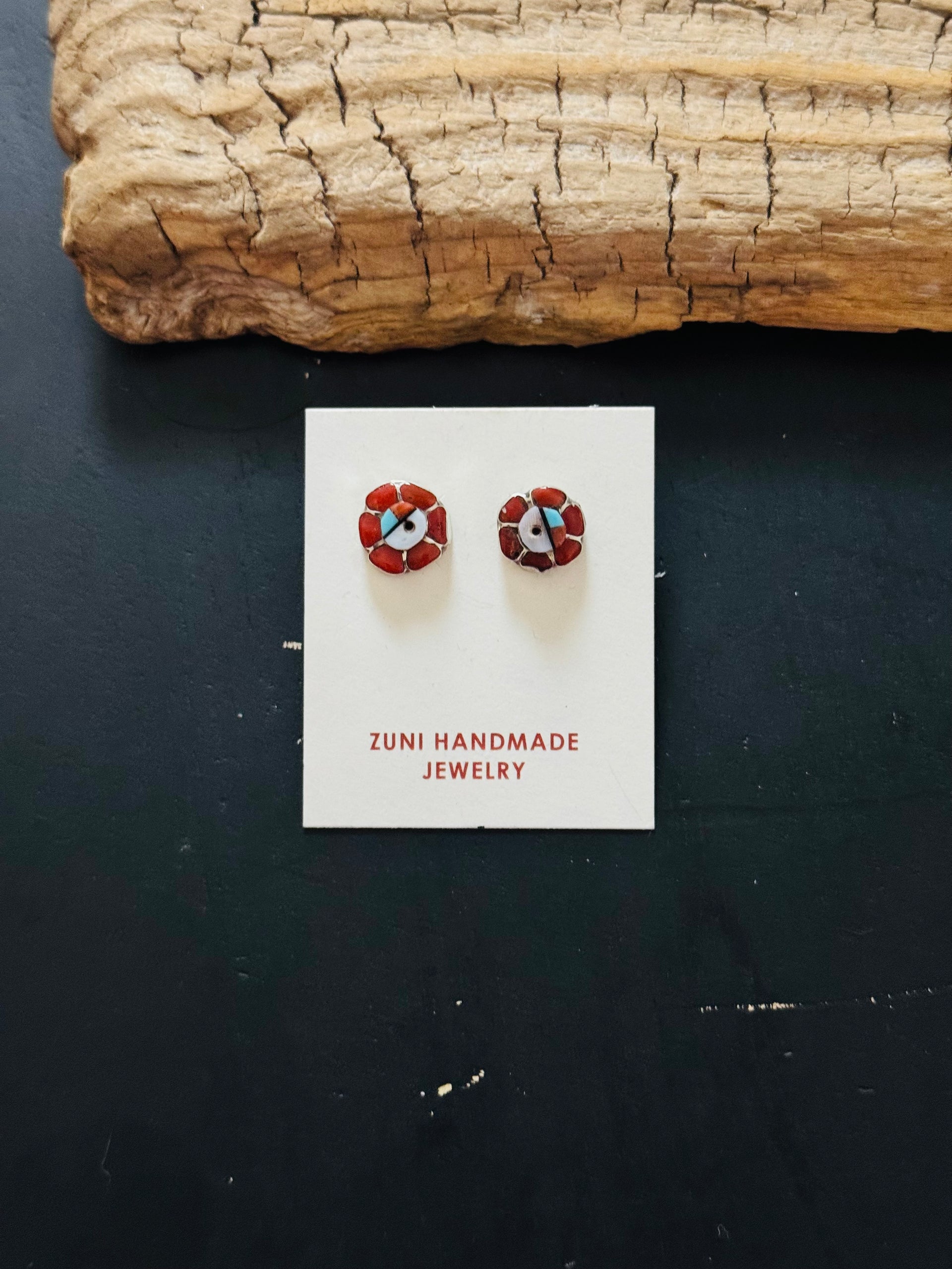 Zuni Made Multi Stone & Sterling Silver Inlay Sunface Post Earrings