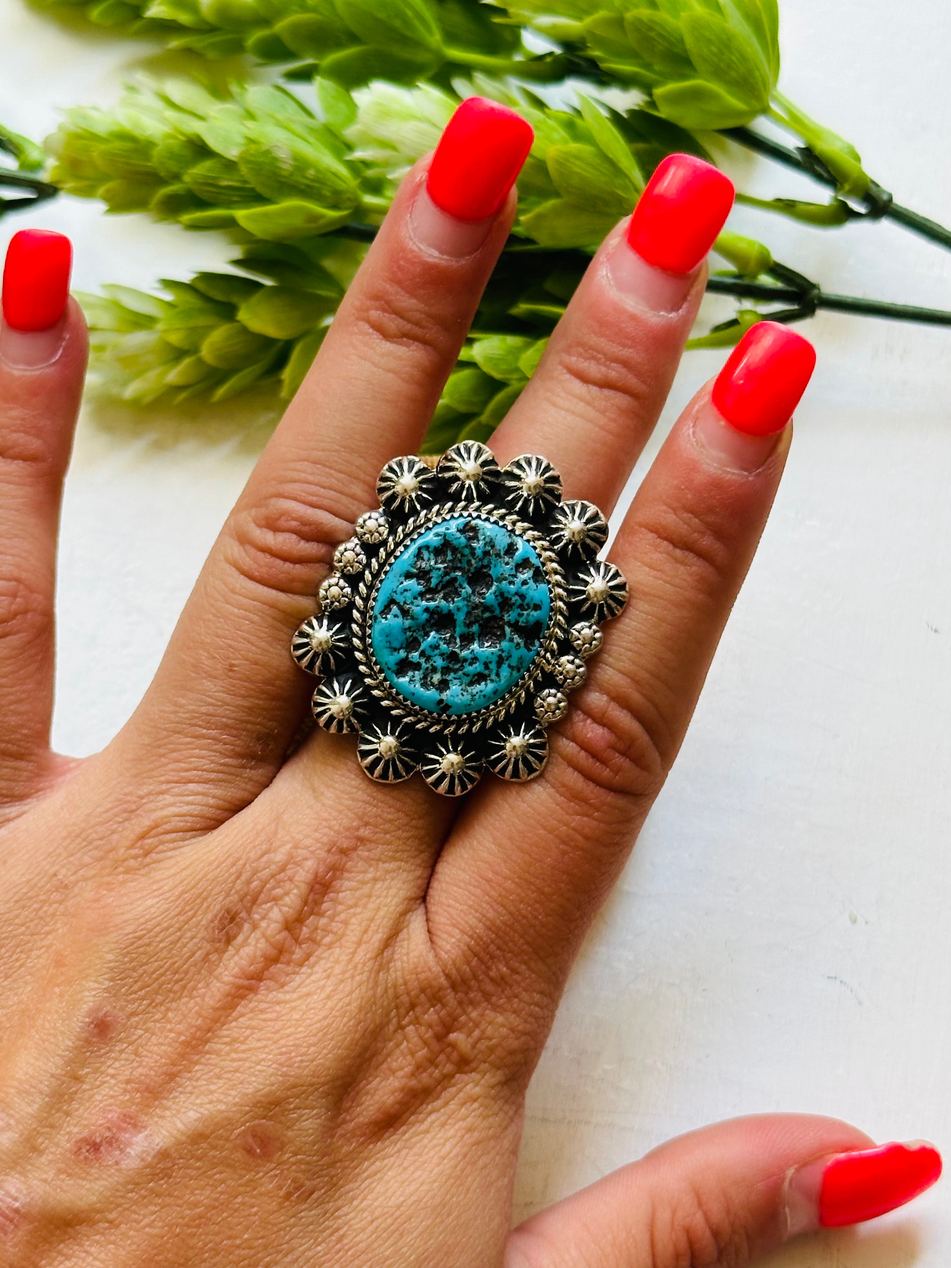 Navajo Handmade Kingman Turquoise & Sterling Silver Ring Size 9.75