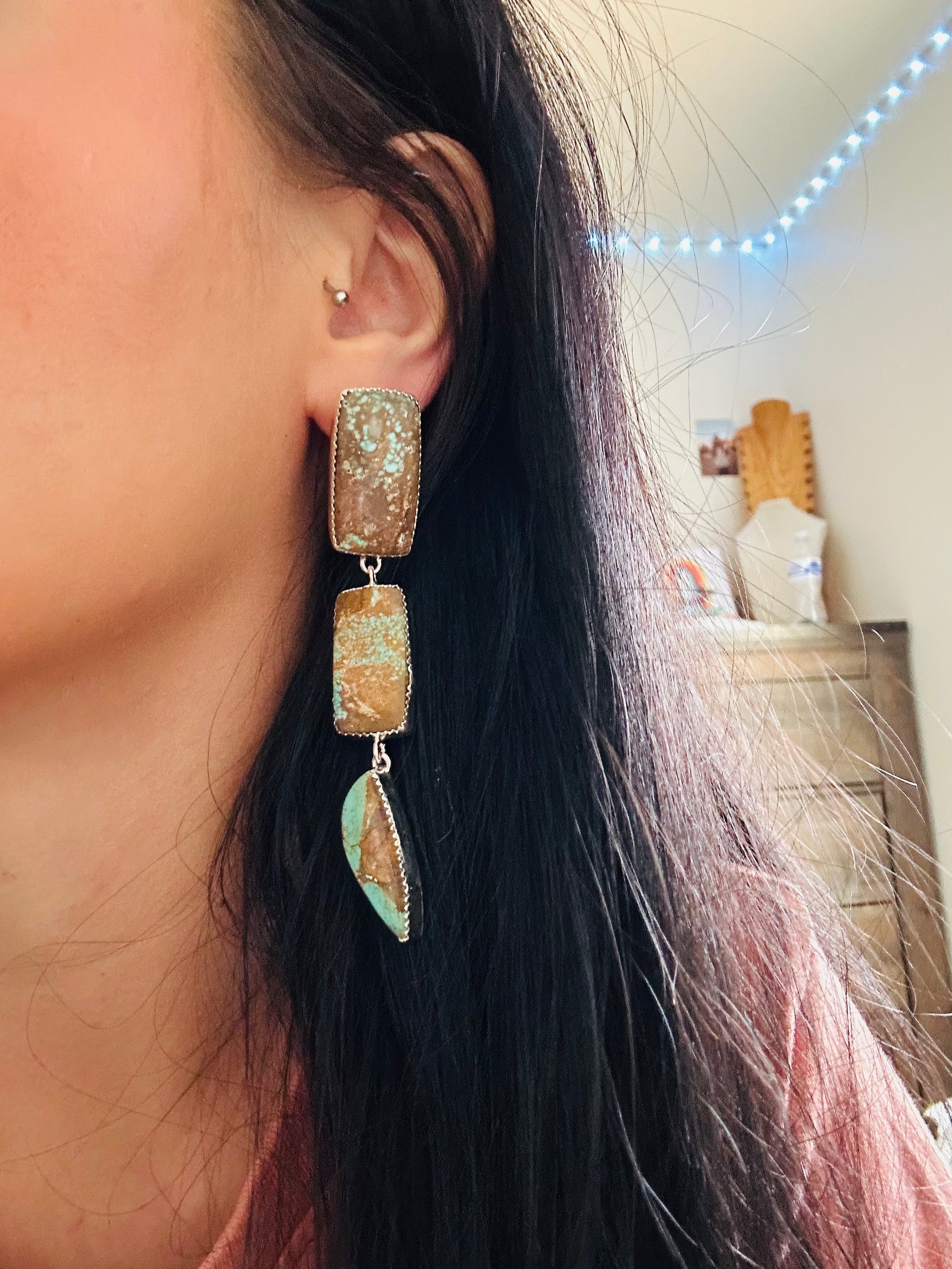 Southwest Made Number 8 Turquoise & Sterling Silver Post Dangle Earrings