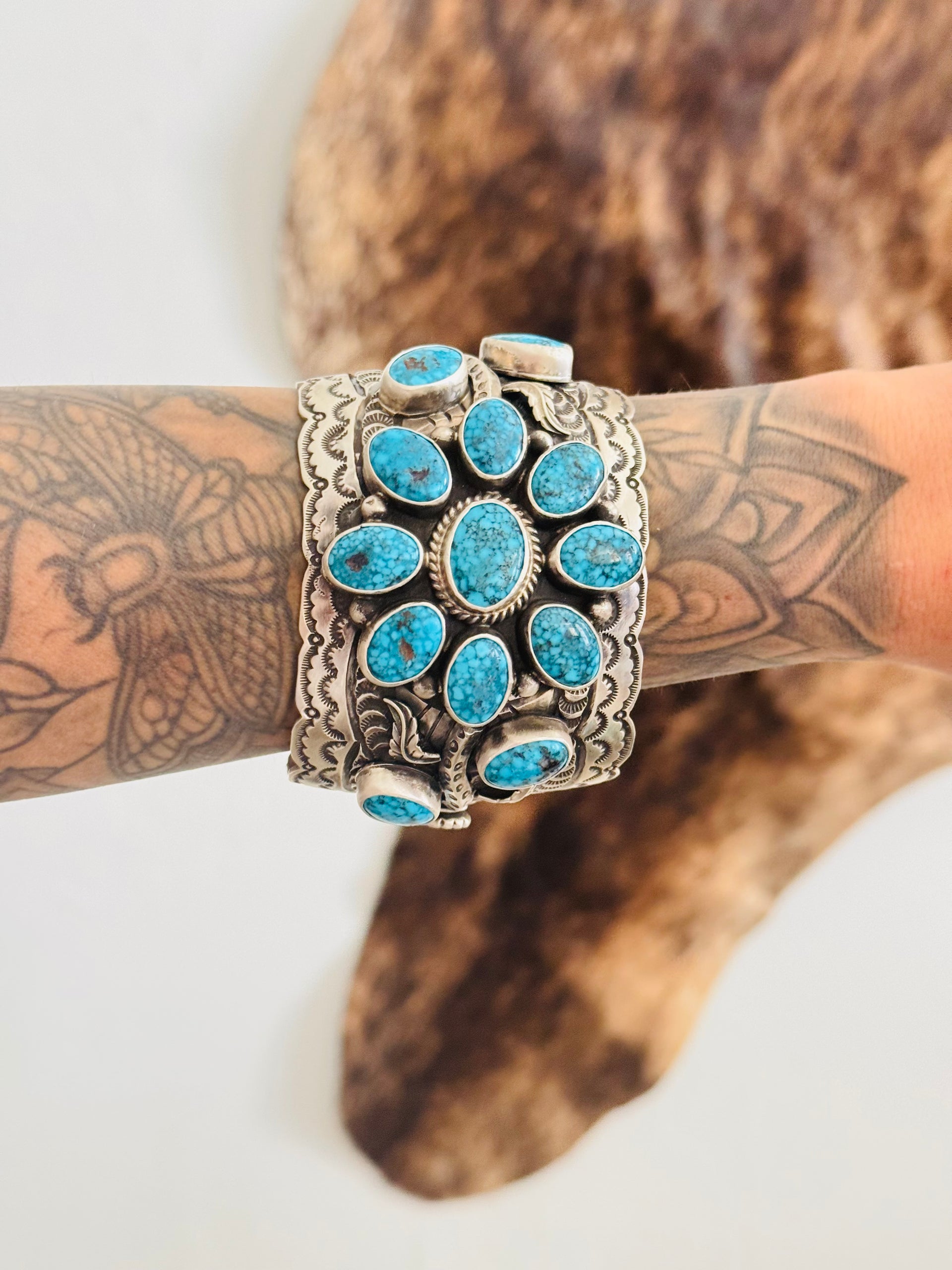 Leroy James Spiderweb Kingman Turquoise  & Sterling Silver Cluster Cuff Bracelet