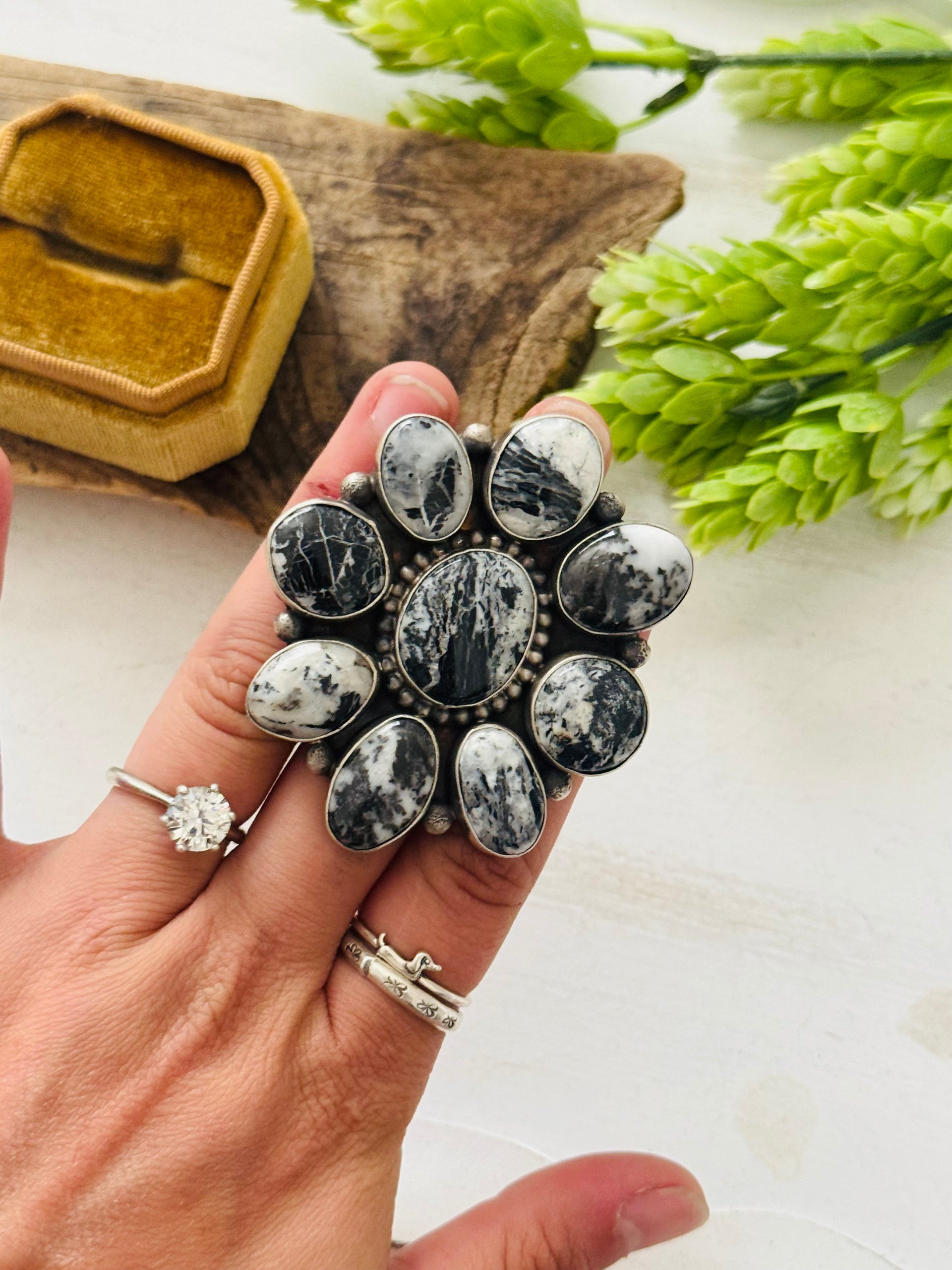 Betta Lee White Buffalo & Sterling Silver Cluster Ring Size 7.5