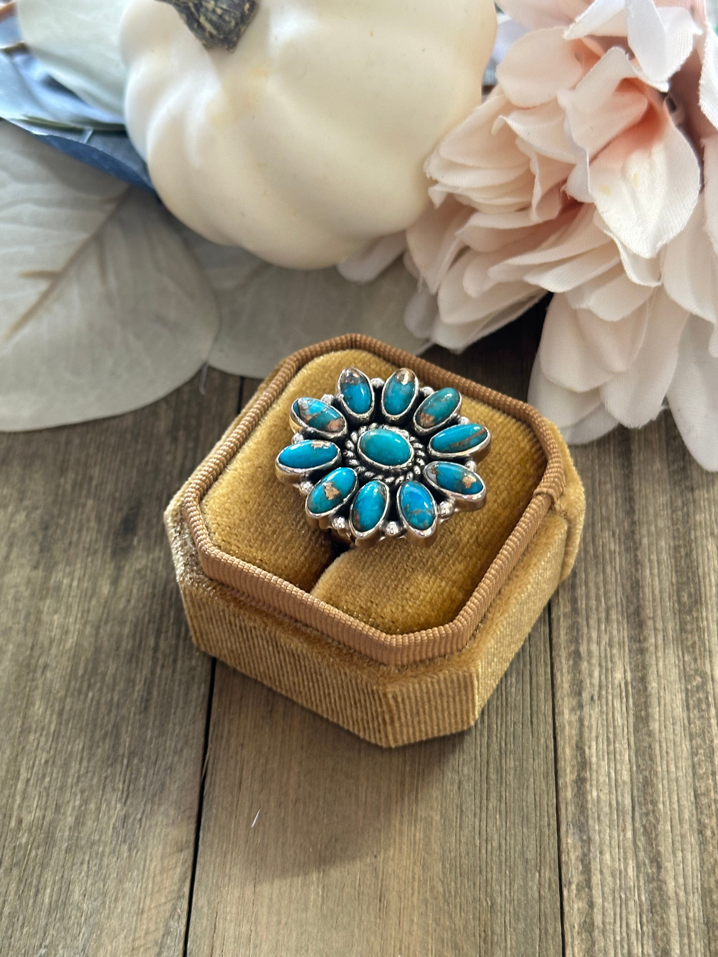 Southwest Handmade Mohave Turquoise & Sterling Silver Adjustable Cluster Ring