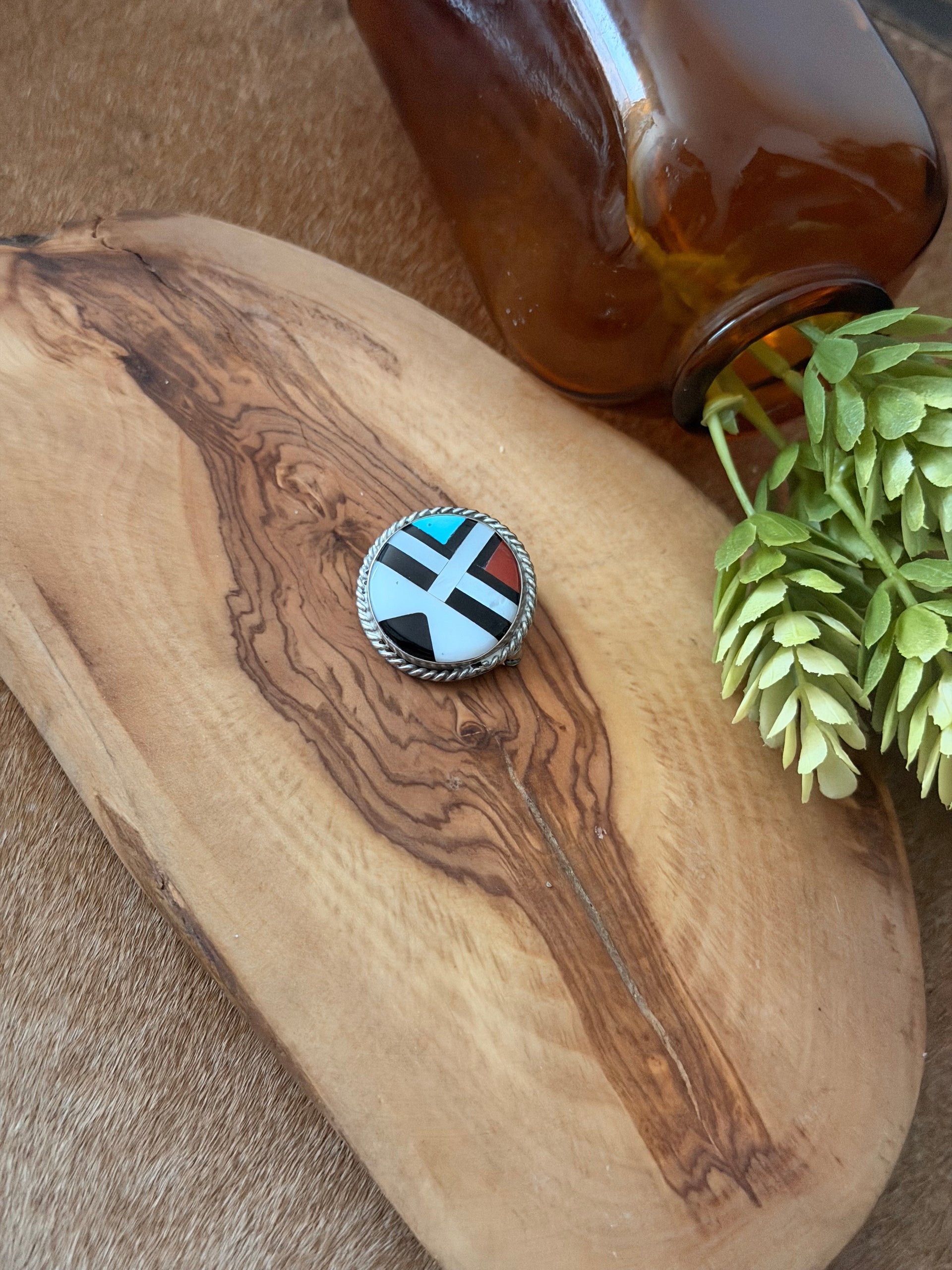 Zuni Made Multi Stone & Sterling Silver Inlay Sunface Pendant/Pin