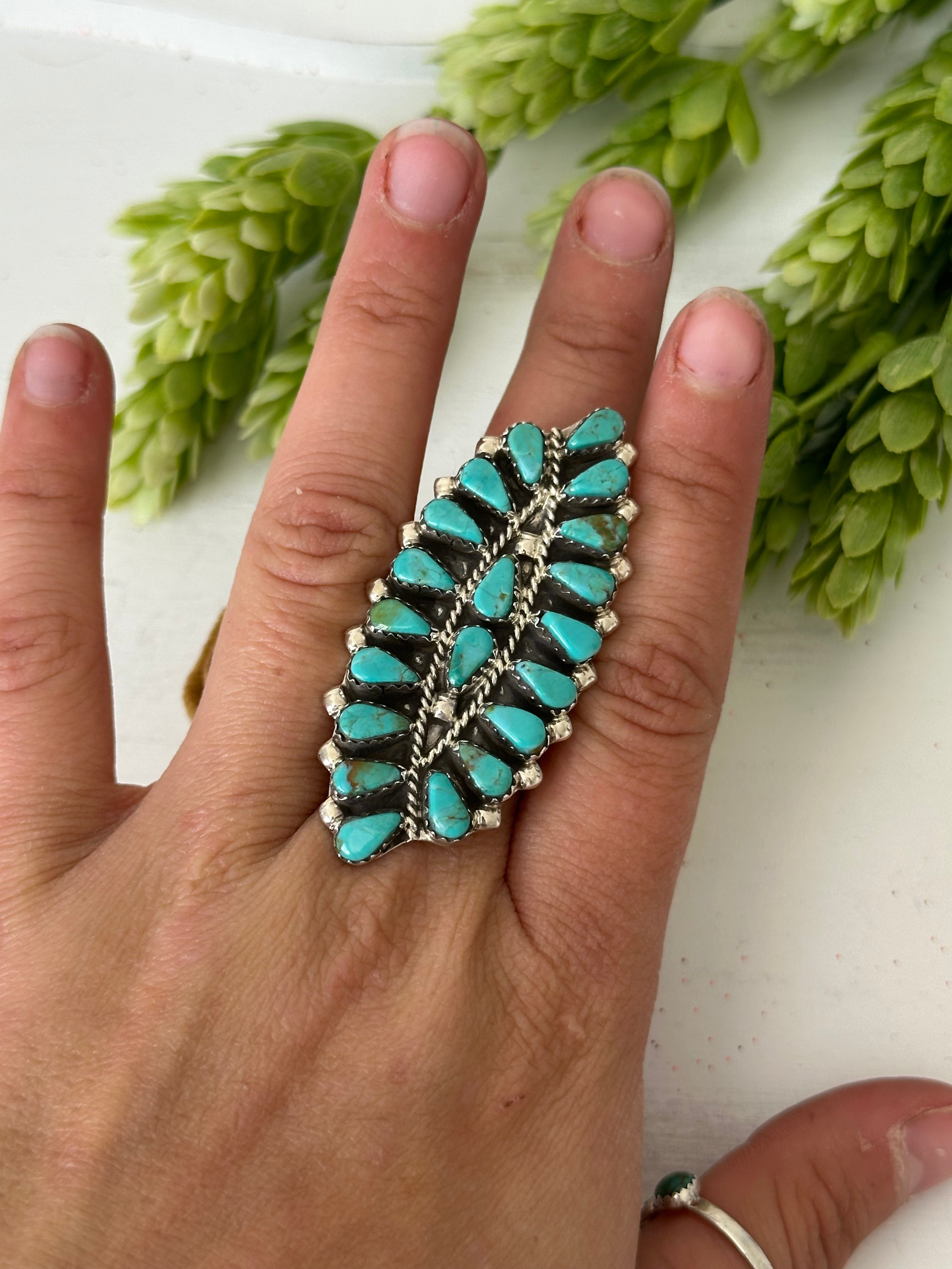 Navajo Made Kingman Turquoise & Sterling Silver Cluster Ring Size 9.5