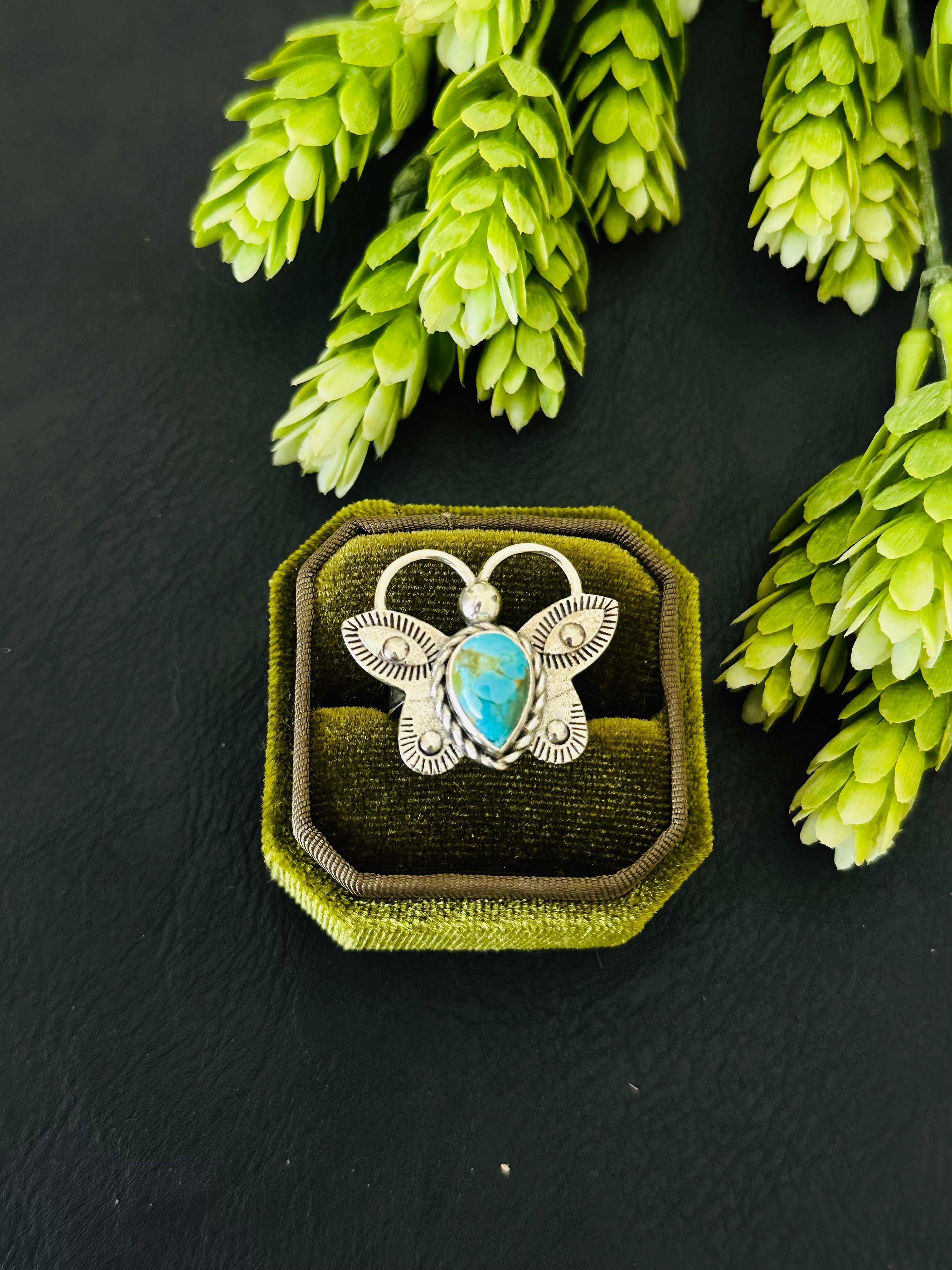 Southwest Handmade Kingman Turquoise & Sterling Silver Adjustable Butterfly Ring