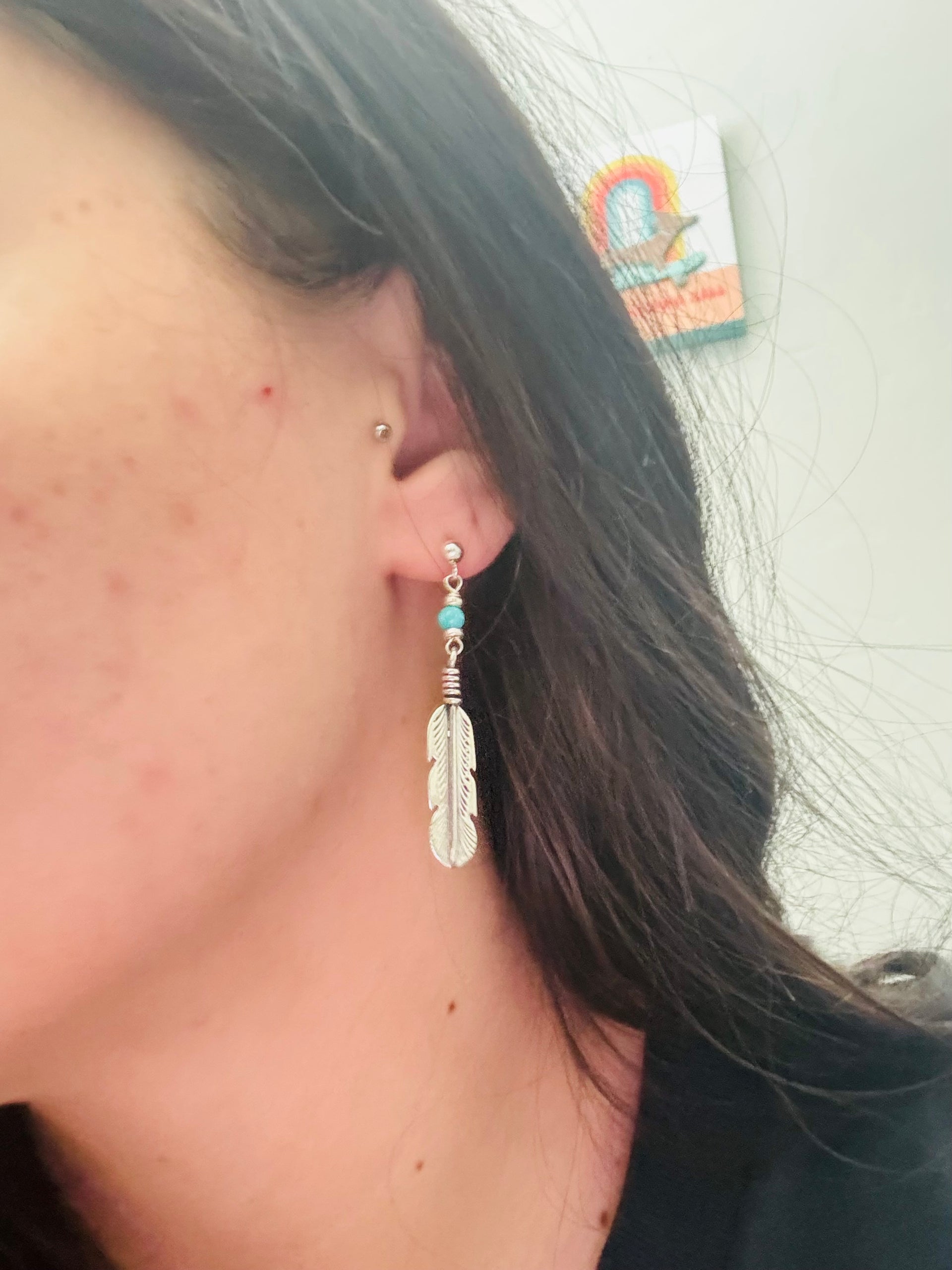 Navajo Made Kingman Turquoise & Sterling Silver Post Dangle Feather Earrings