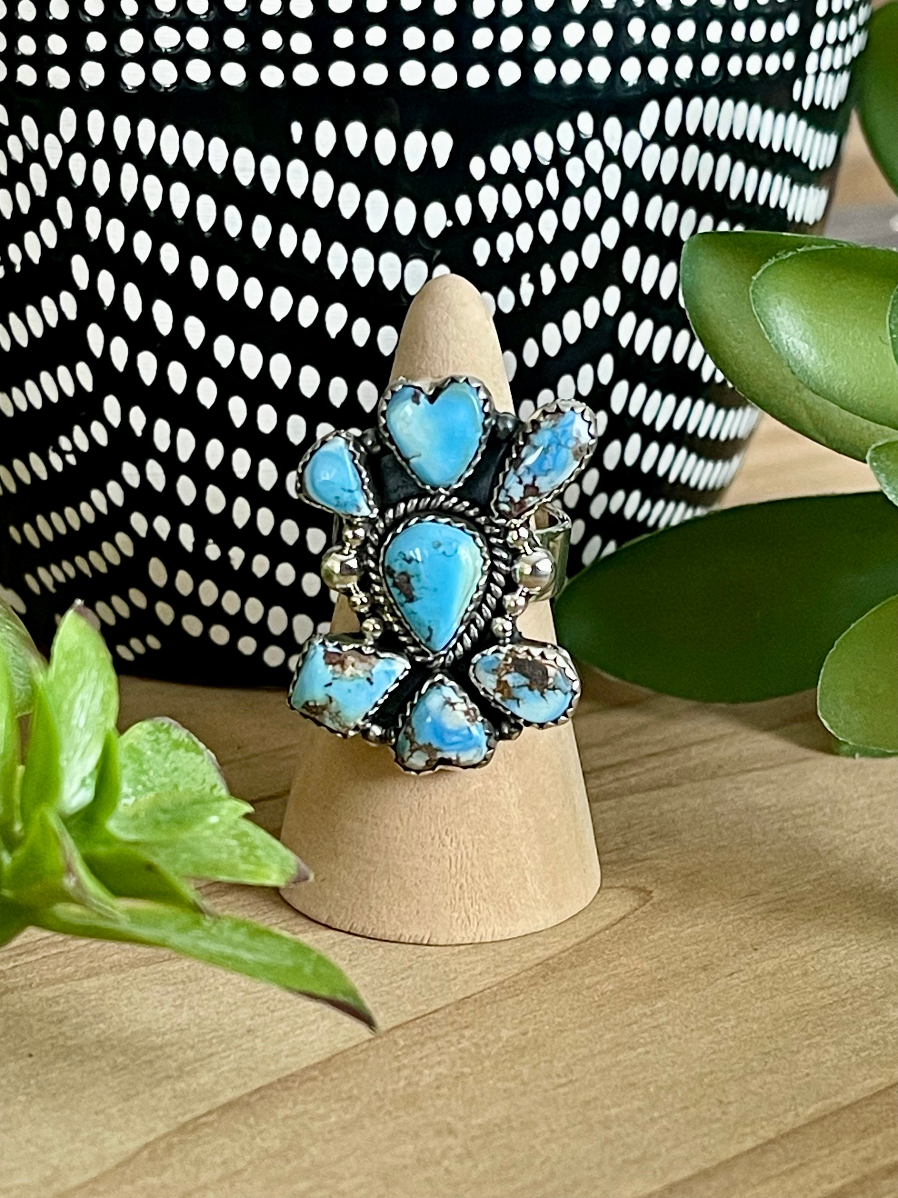 Southwest Handmade Golden Hills Turquoise & Sterling Silver Adjustable Cluster Ring