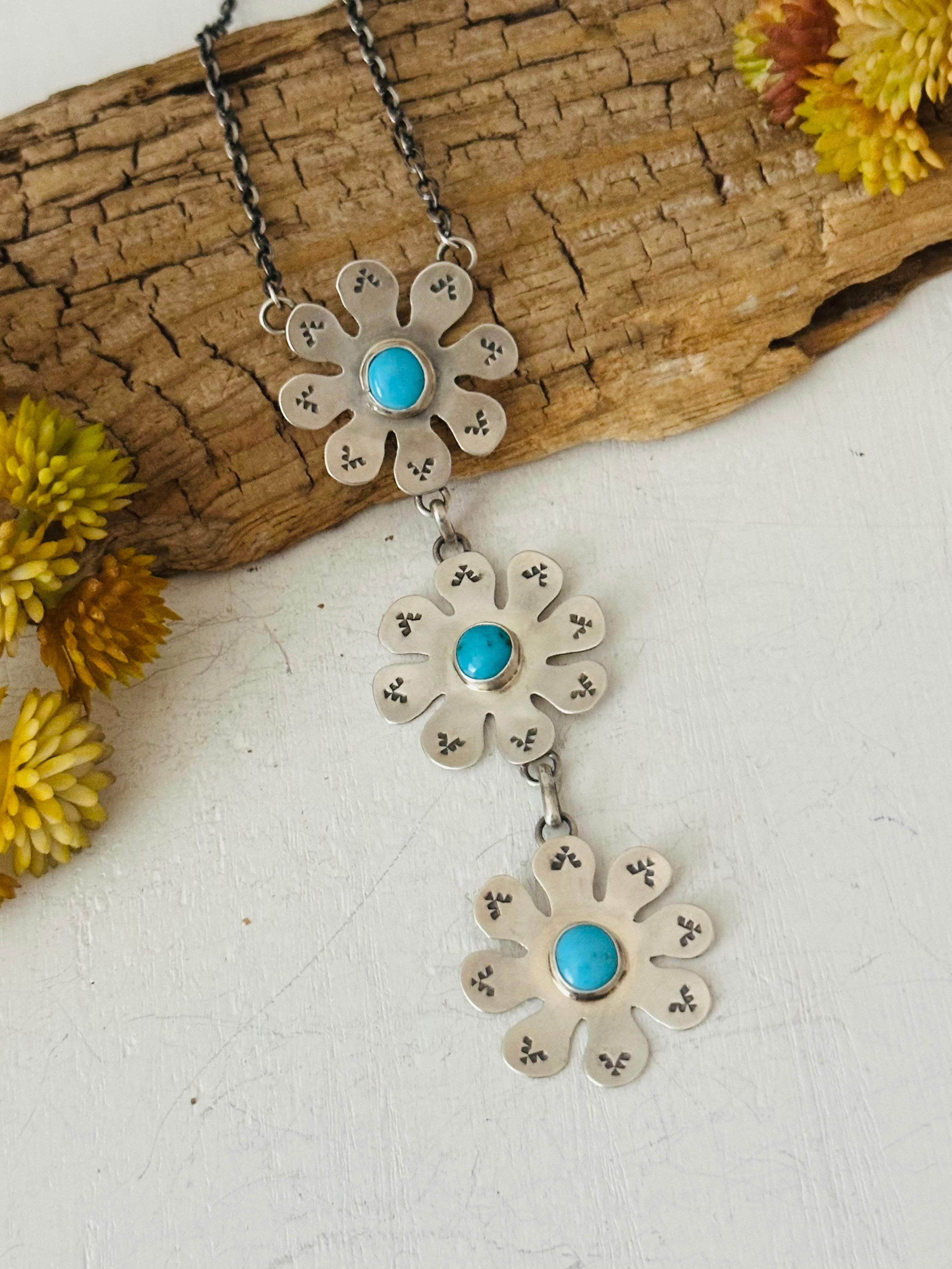 Navajo Made Kingman Turquoise & Sterling Silver Flower Necklace