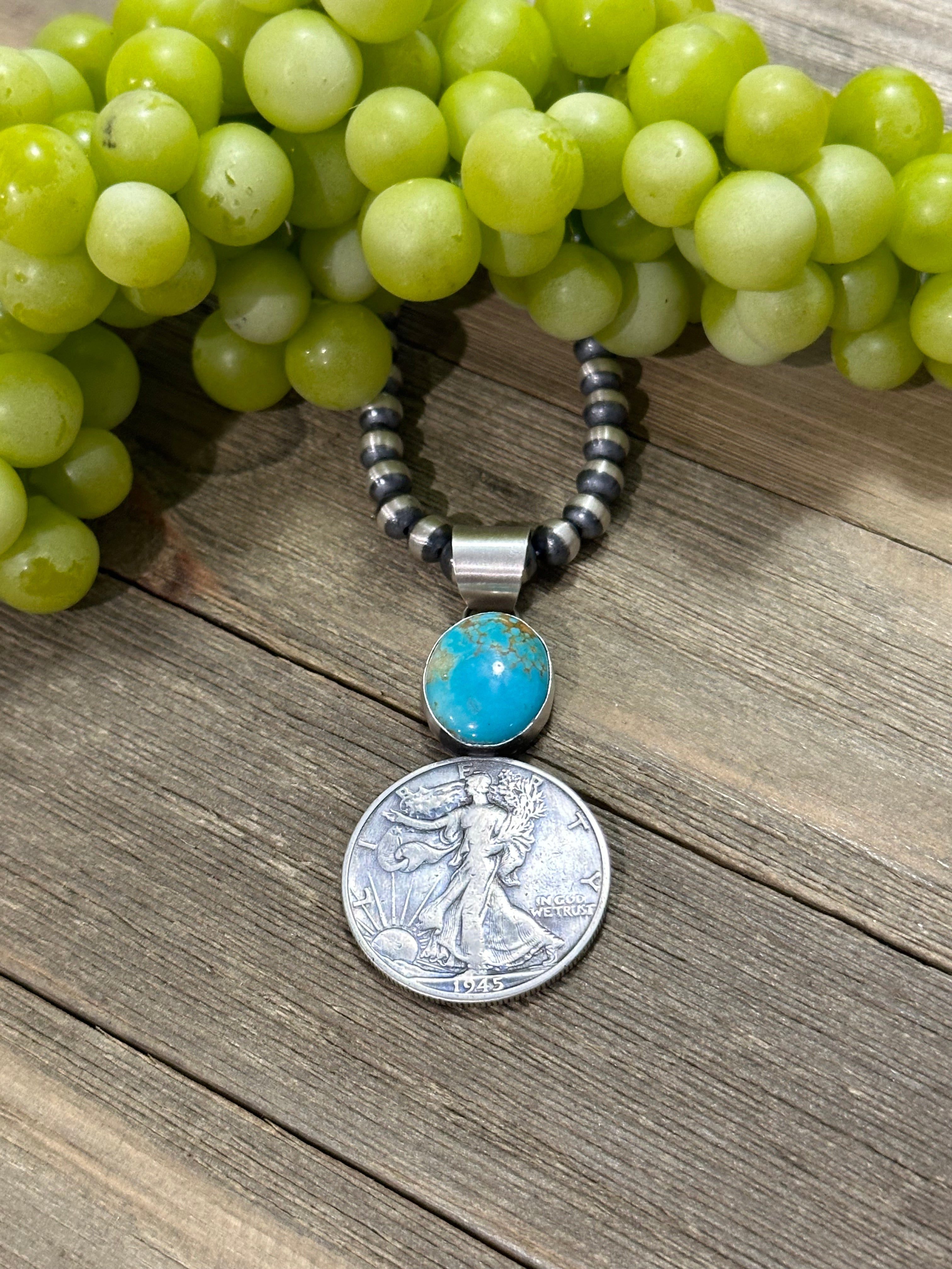 Navajo Made Kingman Turquoise & Sterling Silver Dollar Pendant