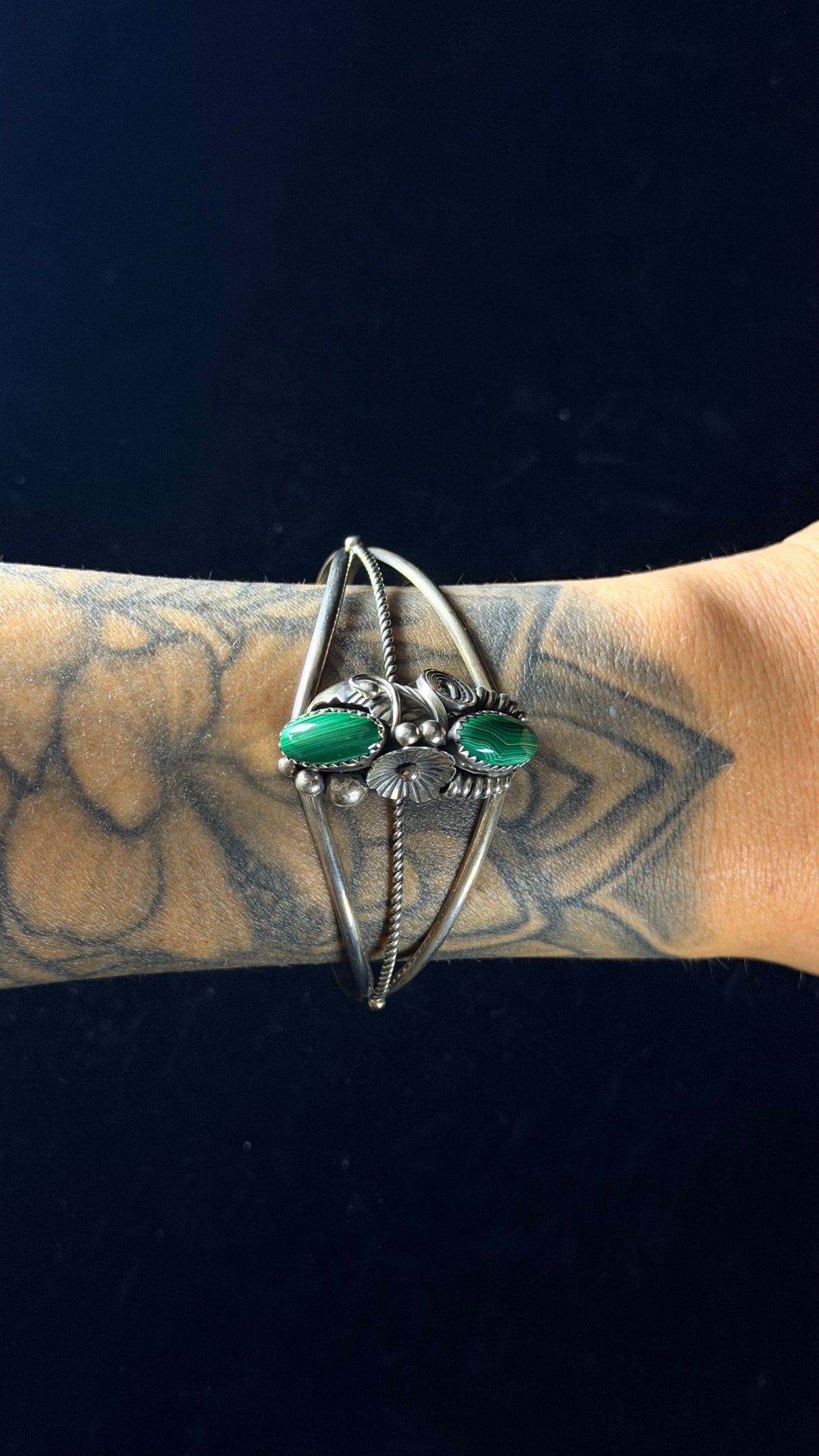Navajo Made Malachite & Sterling Silver Cuff Bracelet