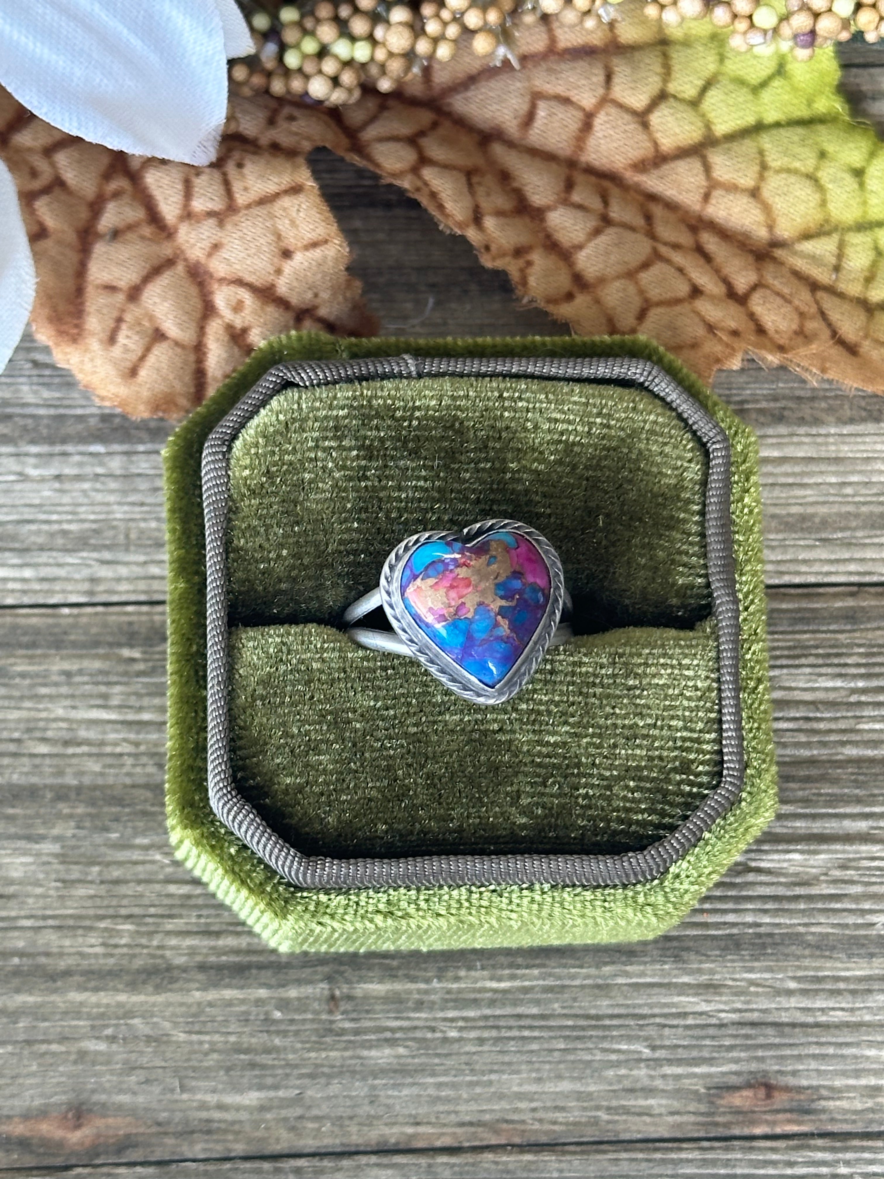 Navajo Made Purple  Mohave Turquoise & Sterling Silver Heart Ring