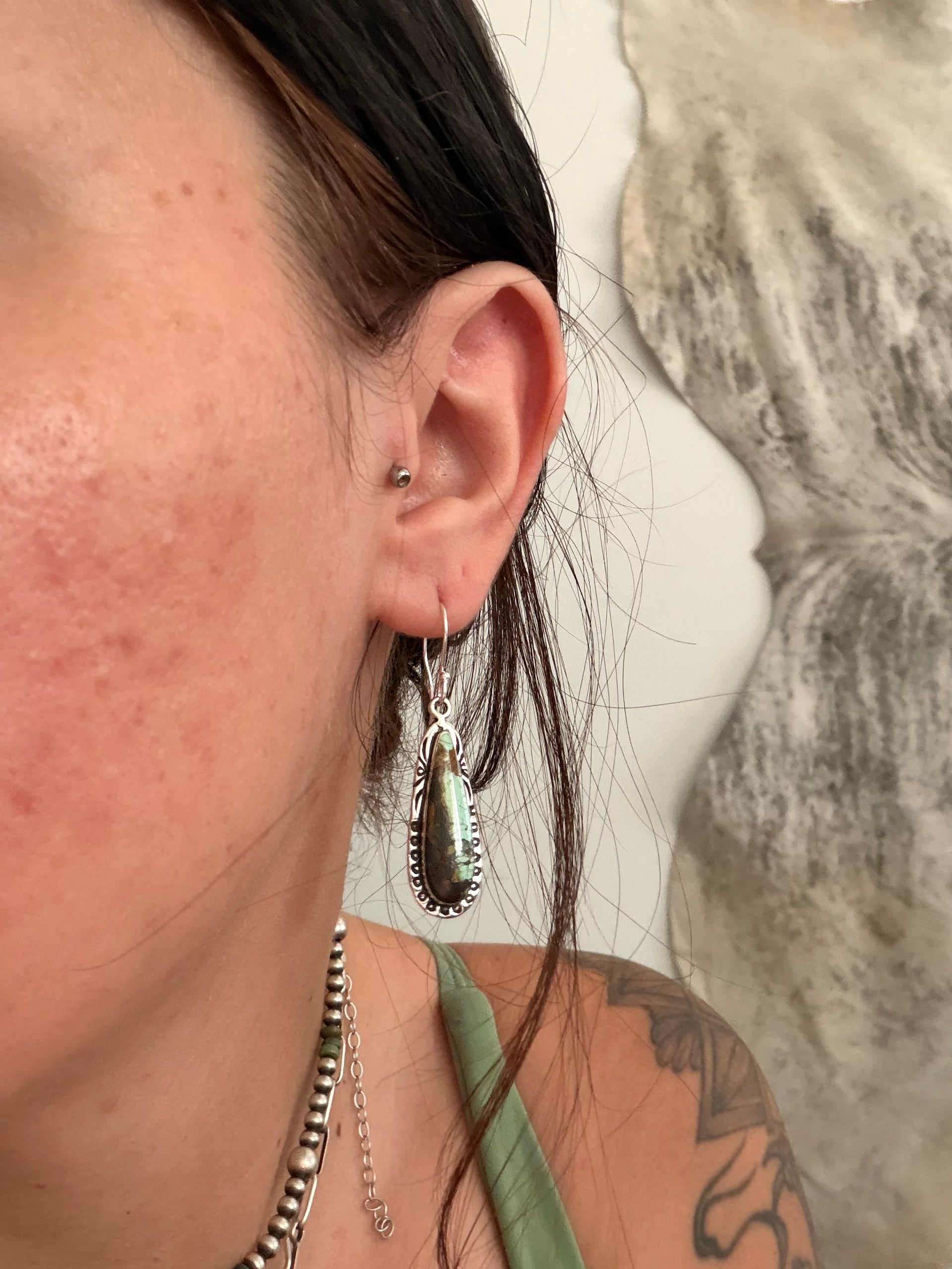 Navajo Made Black Jack Turquoise & Sterling Silver Dangle Earrings
