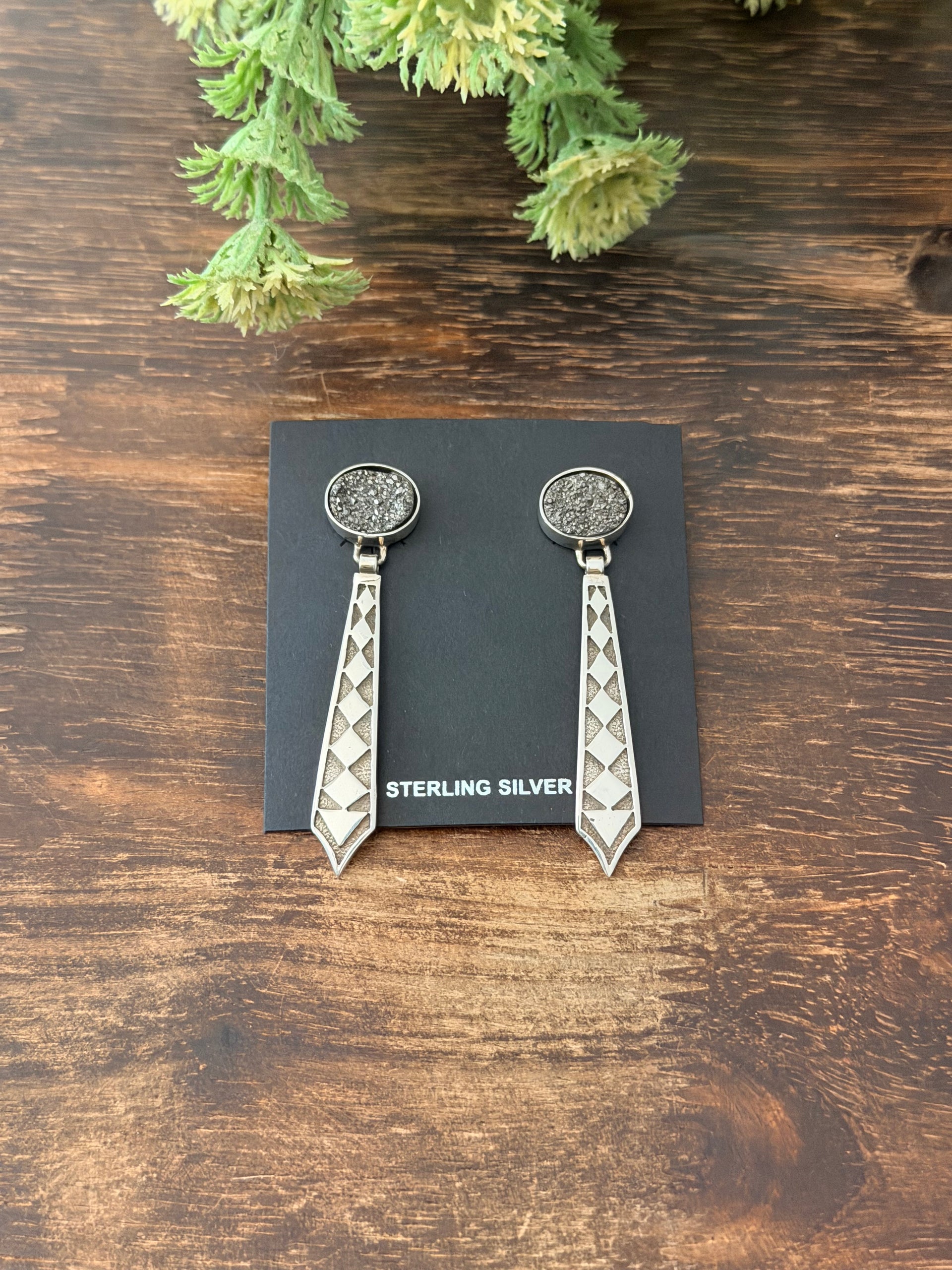 Navajo Made Druzy Stone & Sterling Silver Post Dangle Earrings
