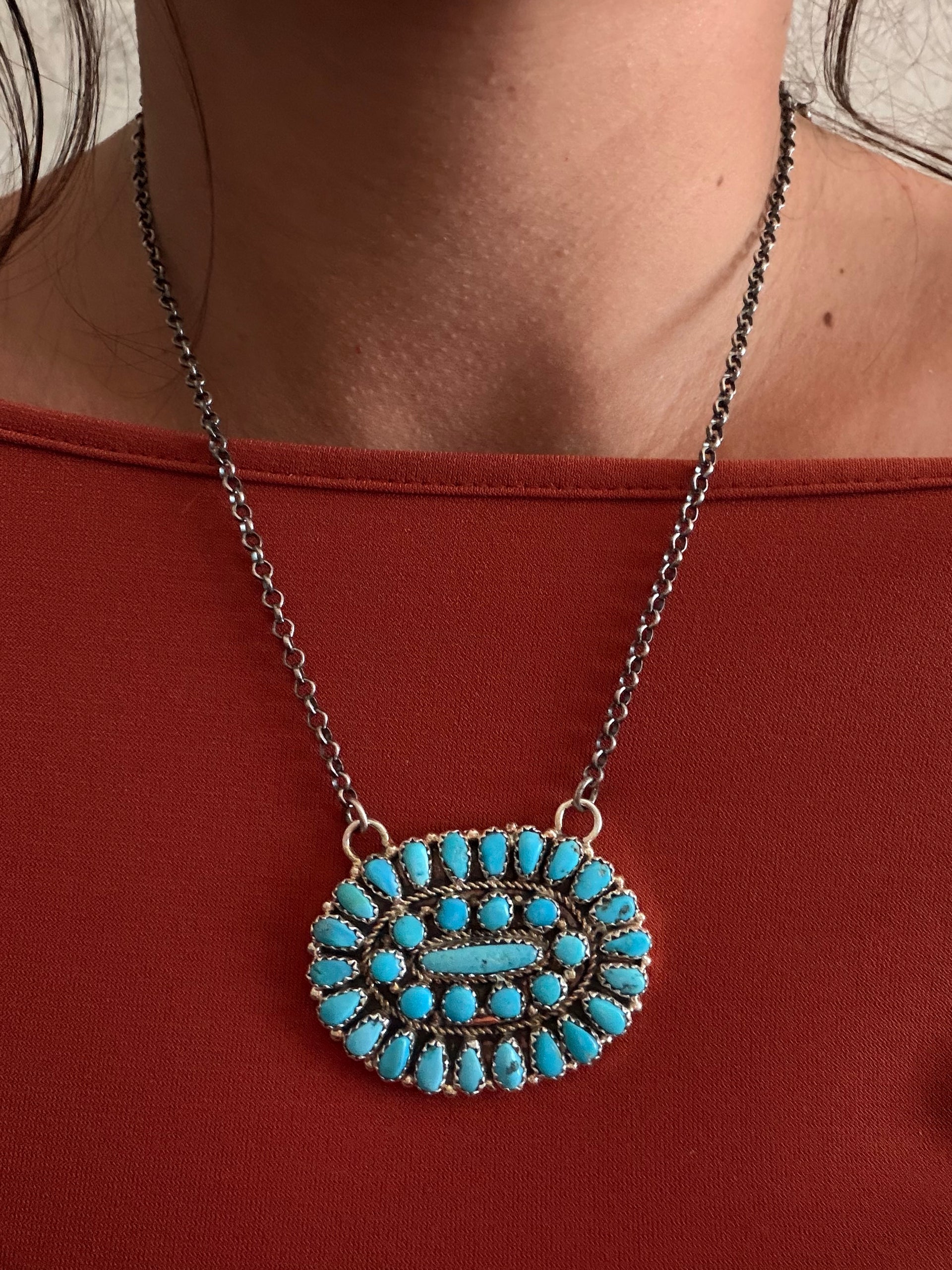 Navajo Made Kingman Turquoise and Sterling Silver Petite Cluster Necklace