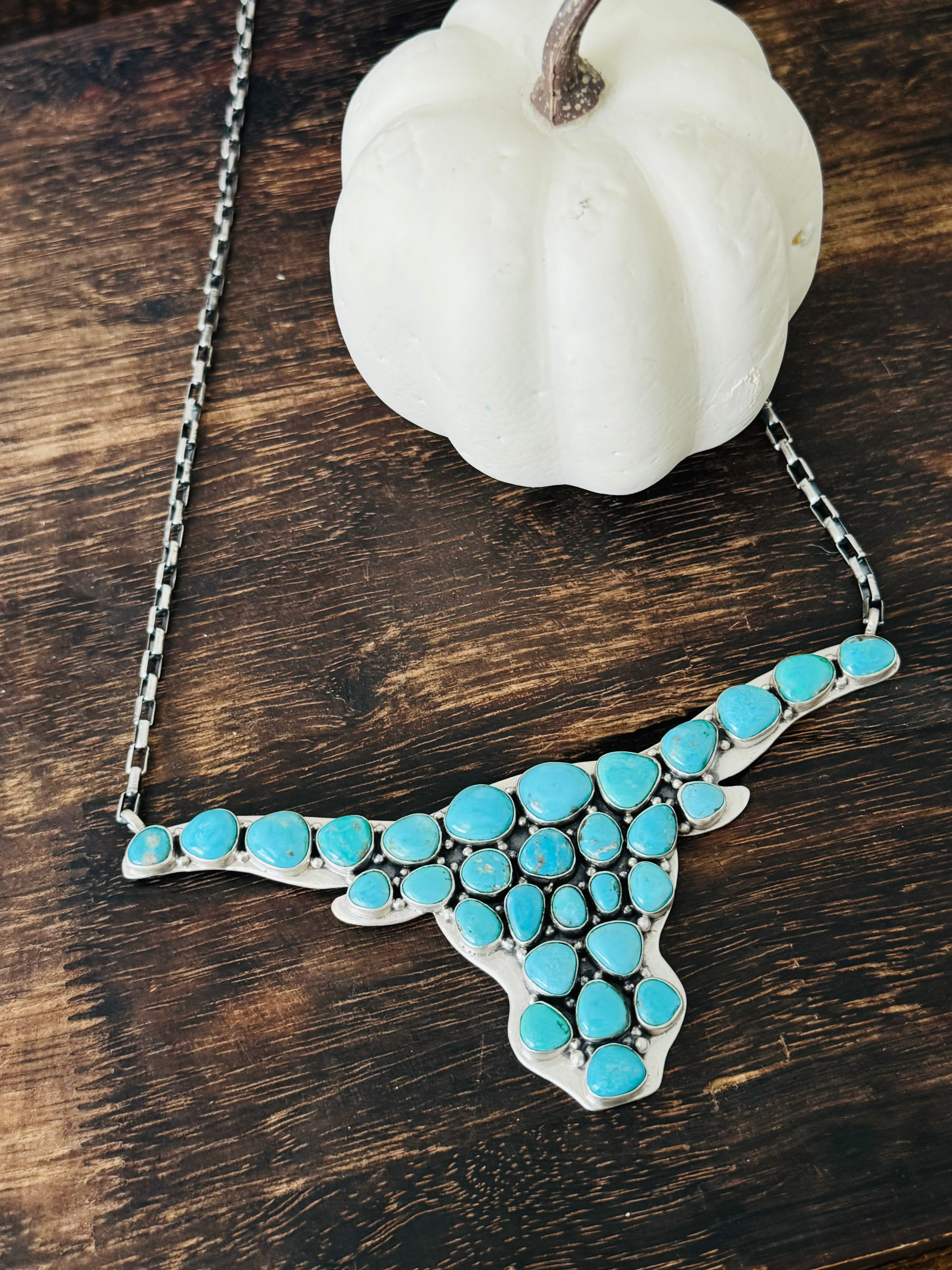 Navajo Made Kingman Turquoise & Sterling Silver Cluster Bull Necklace