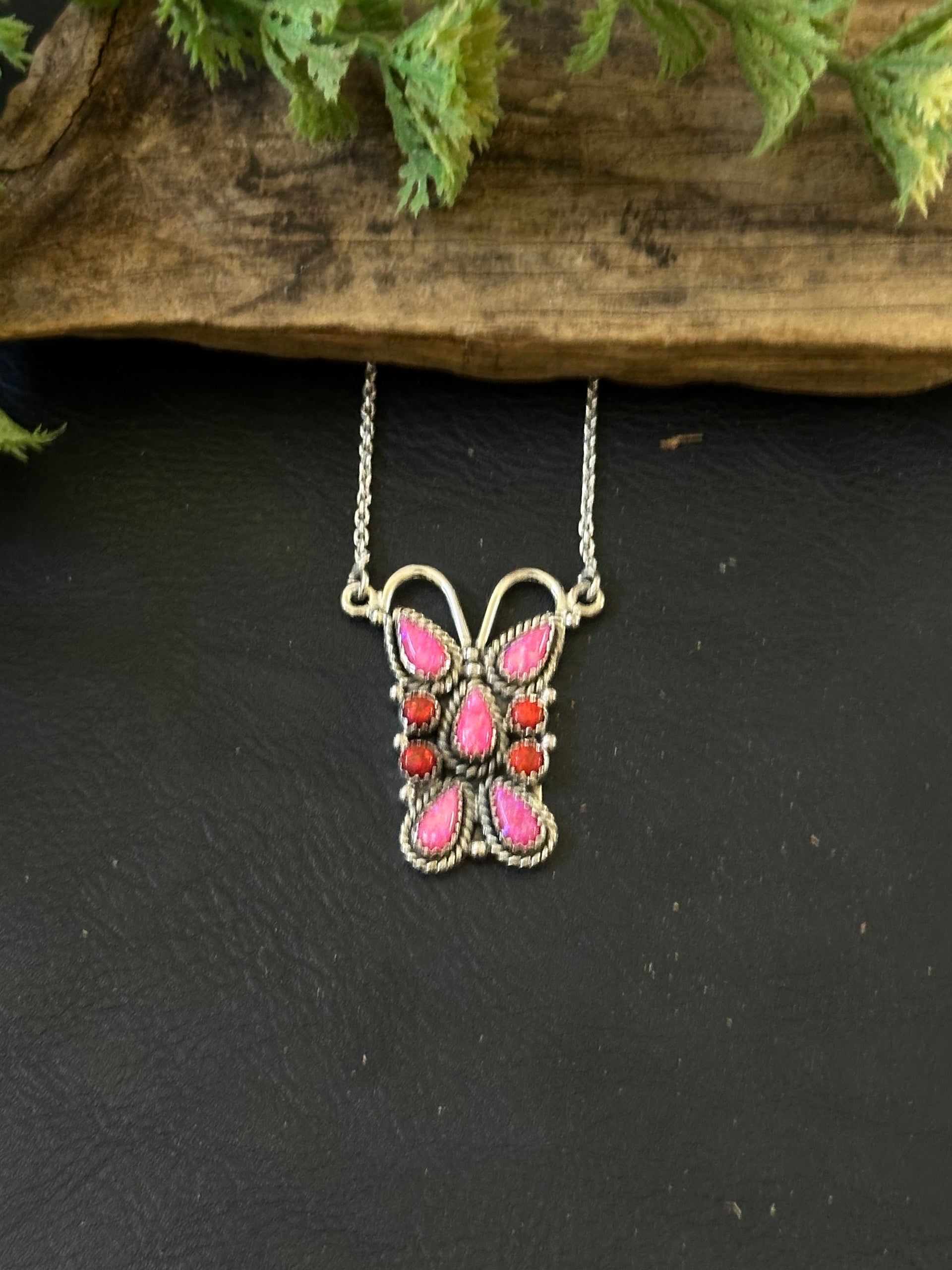 TTD “K’aalógii” Pink/Red Opal & Sterling Silver Cluster Necklace