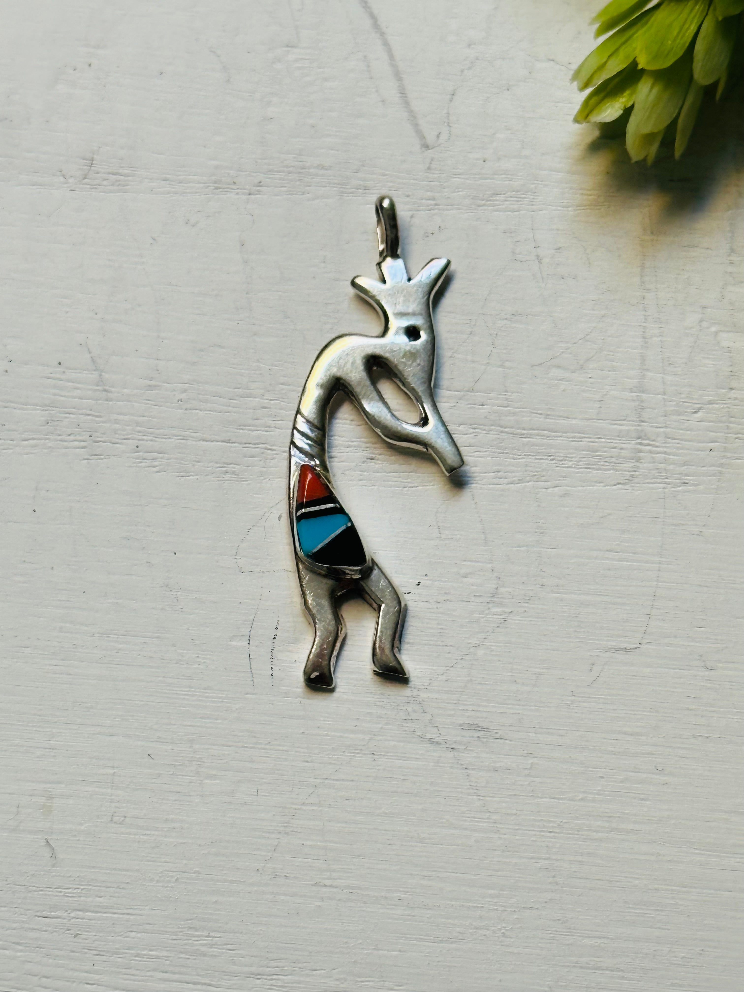 Joseph Martinez Multi Stone & Sterling Silver Inlay Kokopelli Pendant