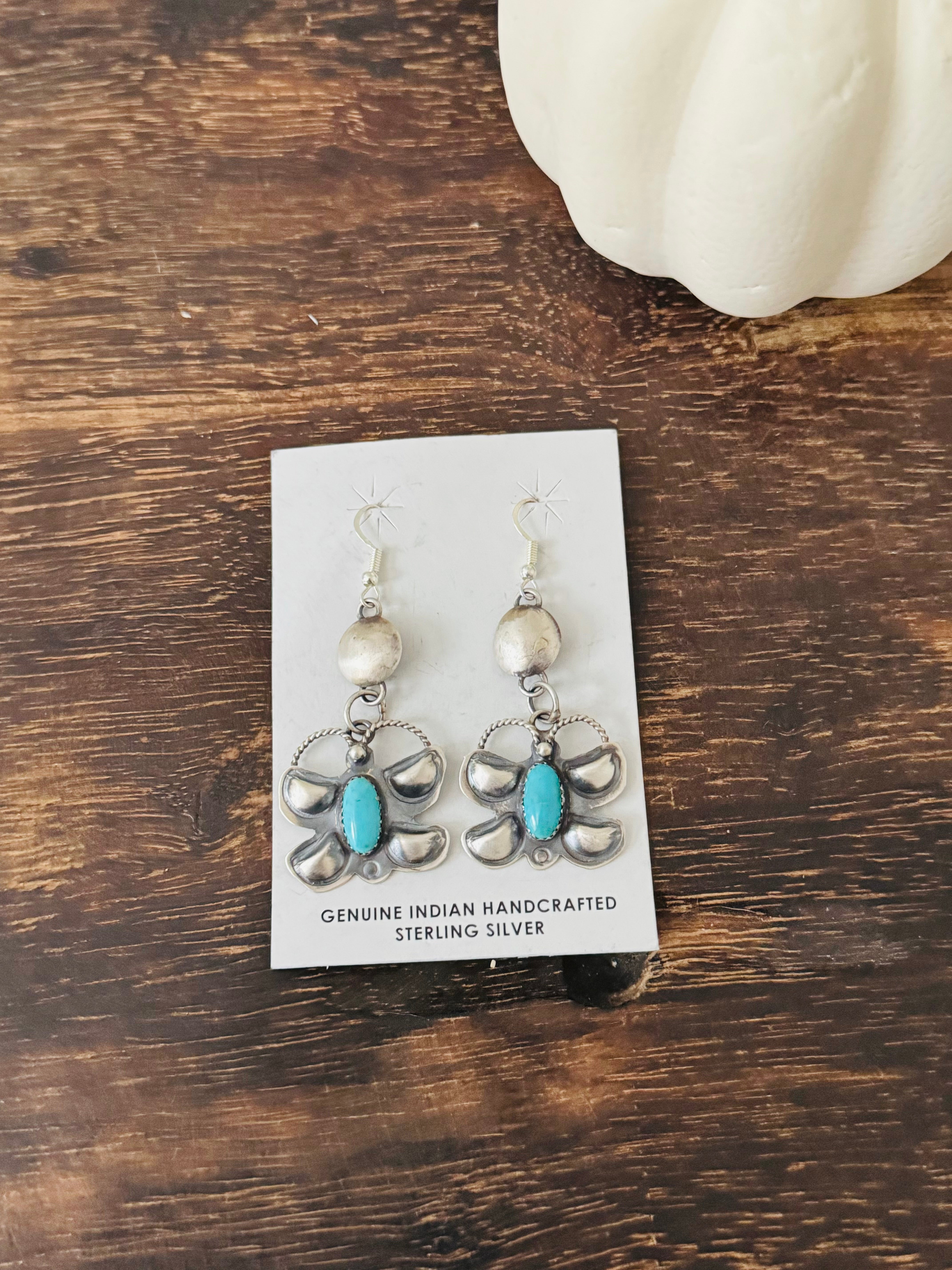 Tonya Yazzie Kingman Turquoise & Sterling Silver Butterfly Dangle Earrings