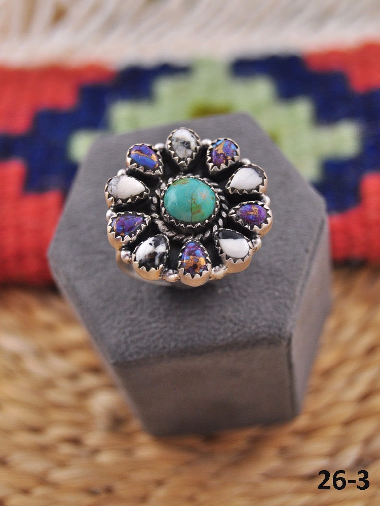Southwest Made Multi Stone & Sterling Sliver Cluster Adjustable Ring
