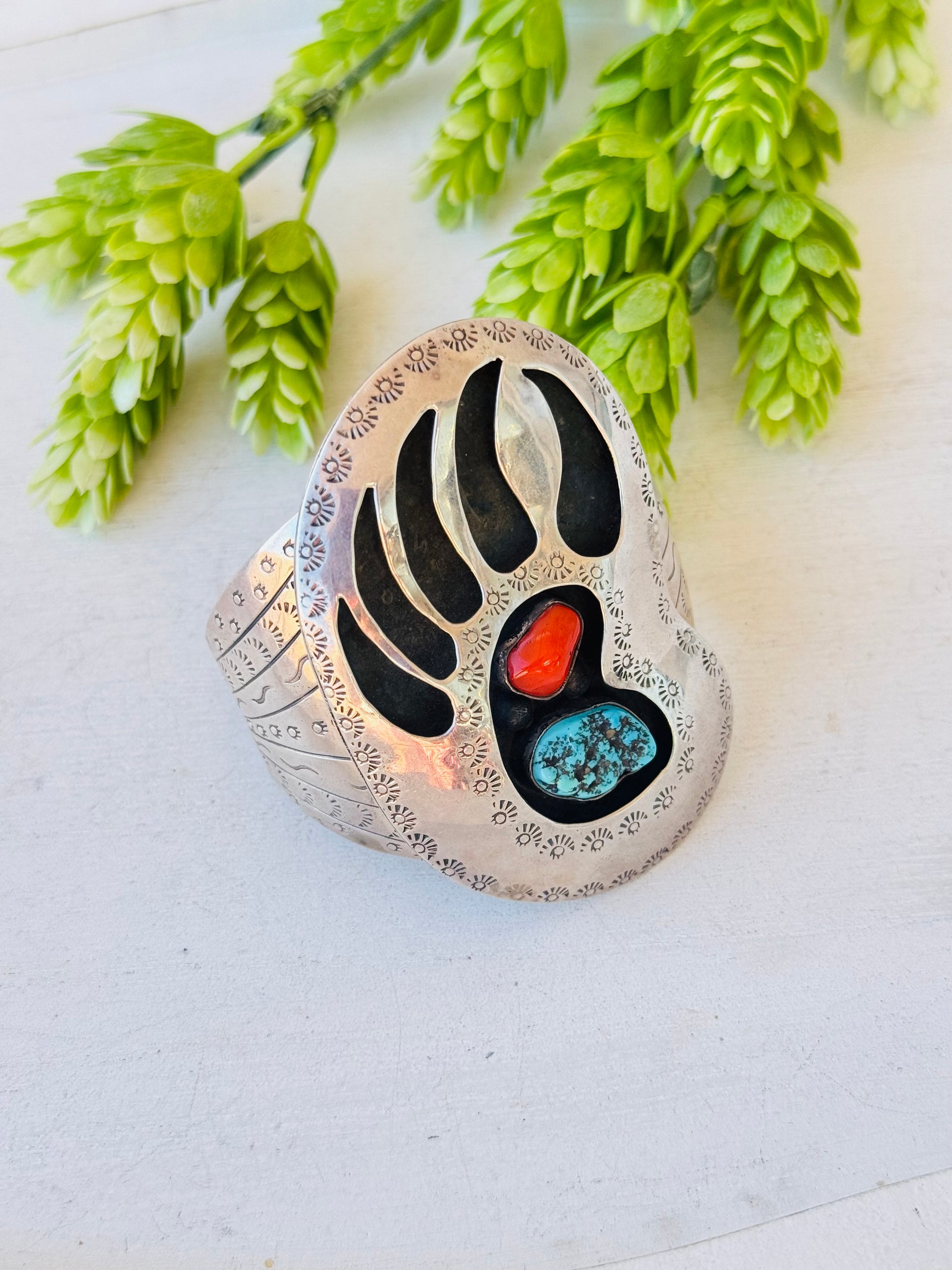 Vintage Navajo Made Multi Stone & Sterling Silver Bear Claw Cuff Bracelet