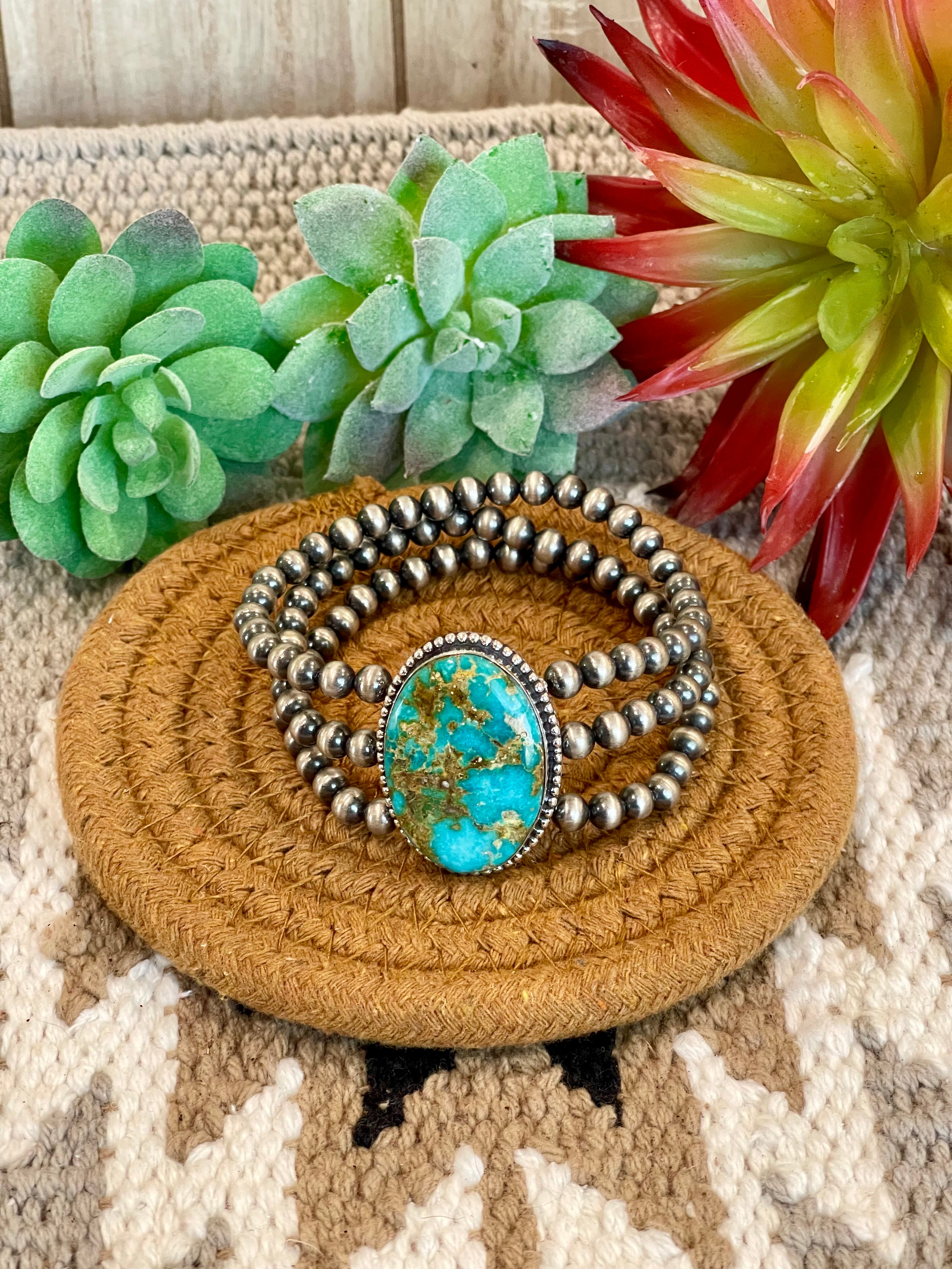 Southwest Handmade Sonoran Mountain Turquoise & Sterling Silver 3 Strand Beaded Stretch Bracelet