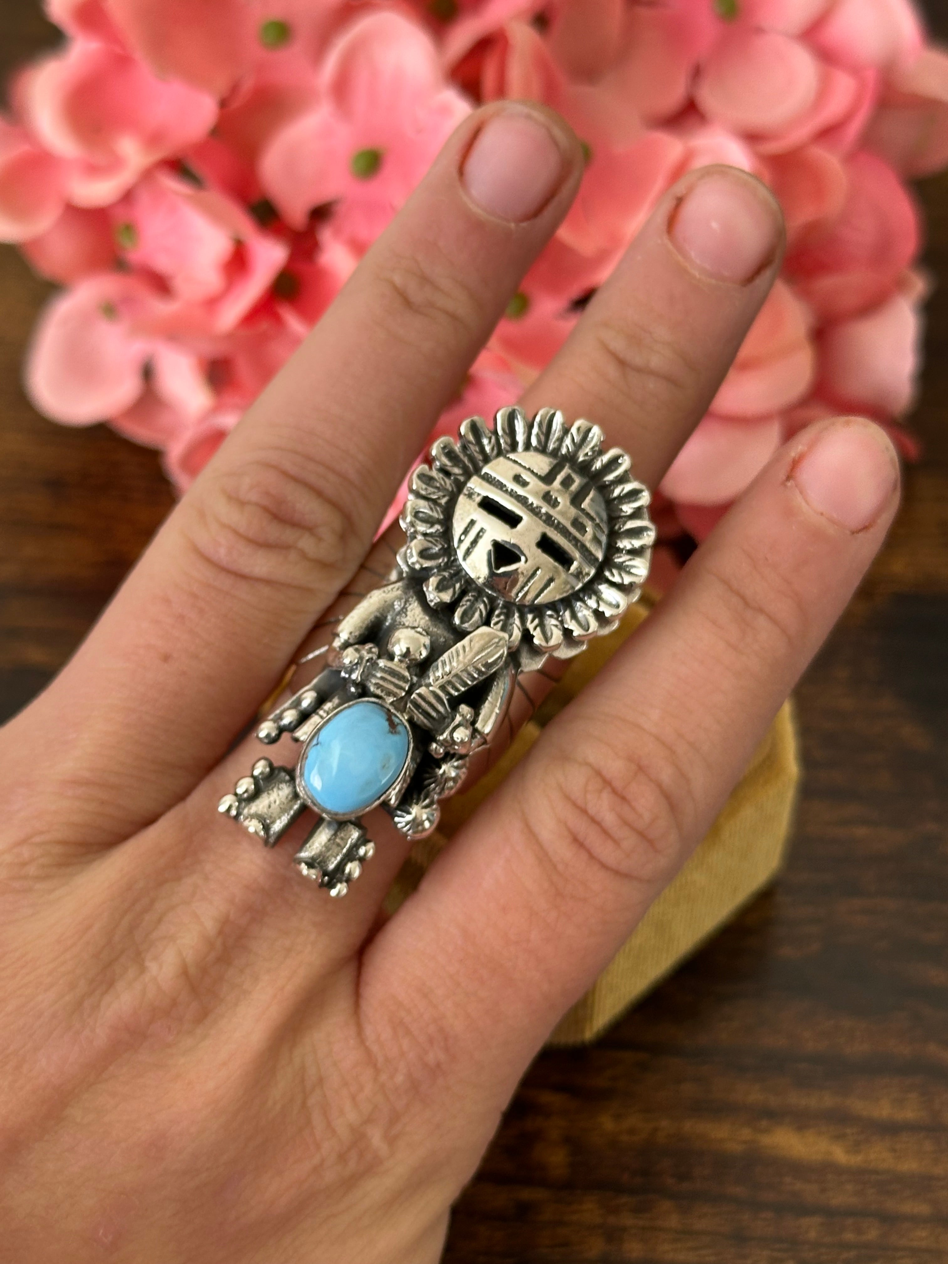 Southwest Handmade Golden Hills Turquoise & Sterling Silver Adjustable Kokopelli Ring