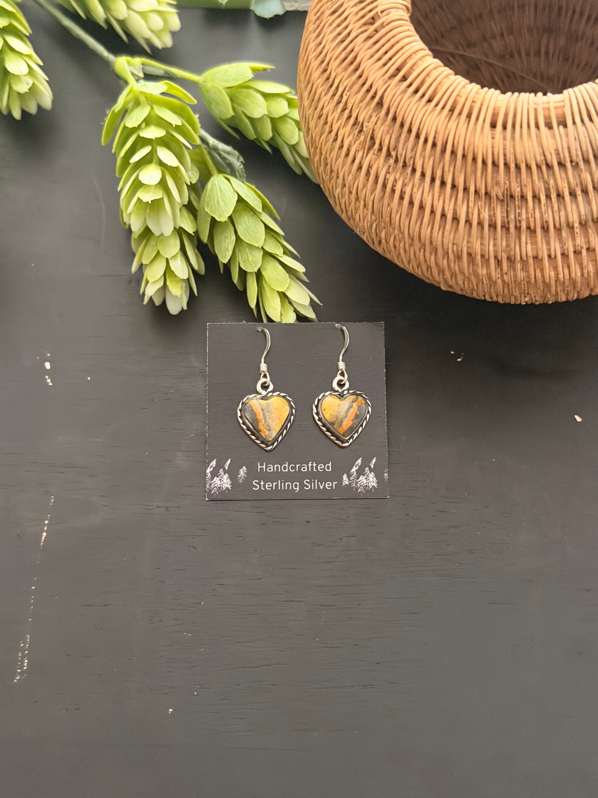 Navajo Made BB Agate & Sterling Silver Dangle Heart Earrings