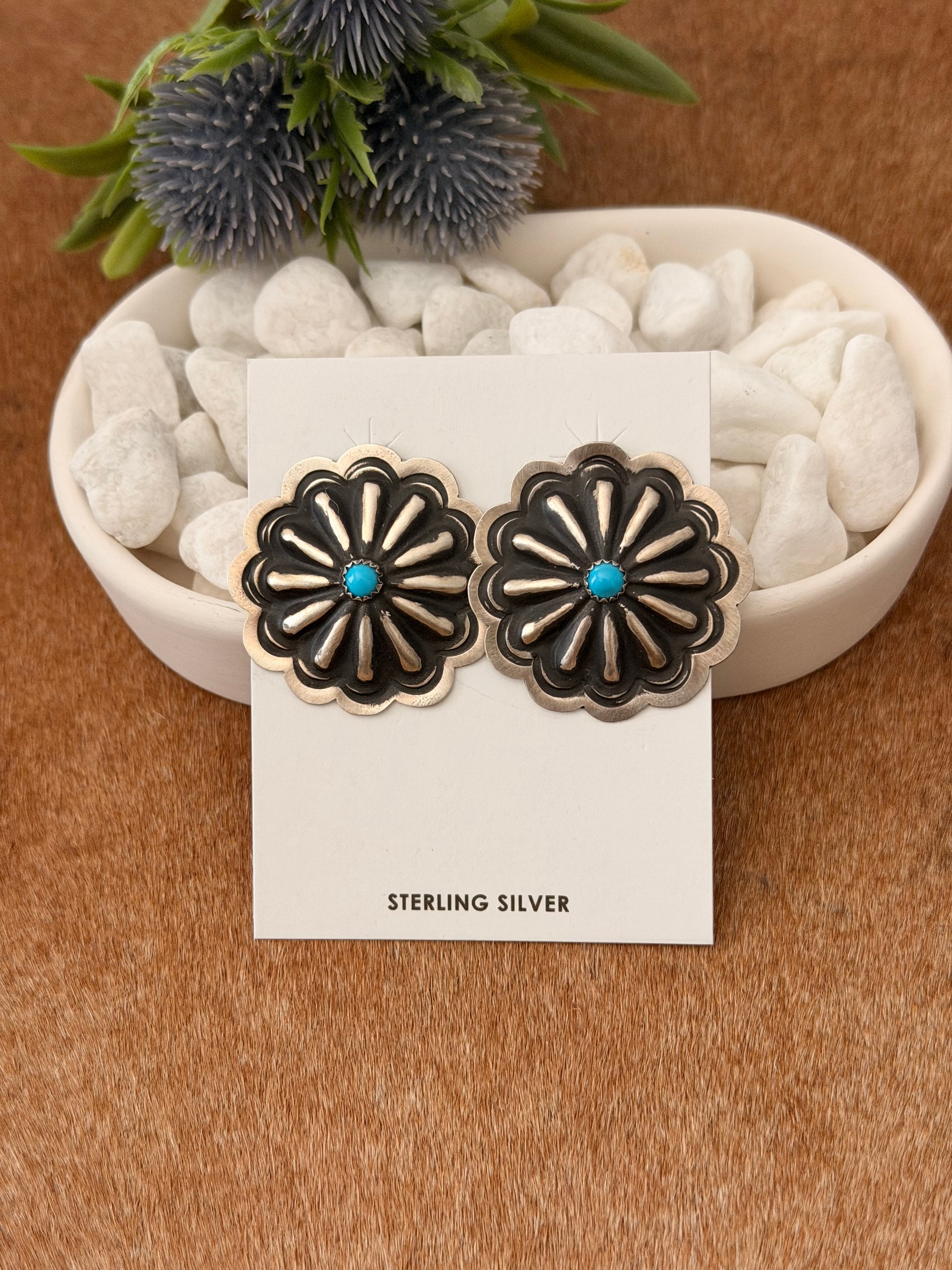 Navajo Made Kingman Turquoise & Sterling Silver Post Concho Earrings