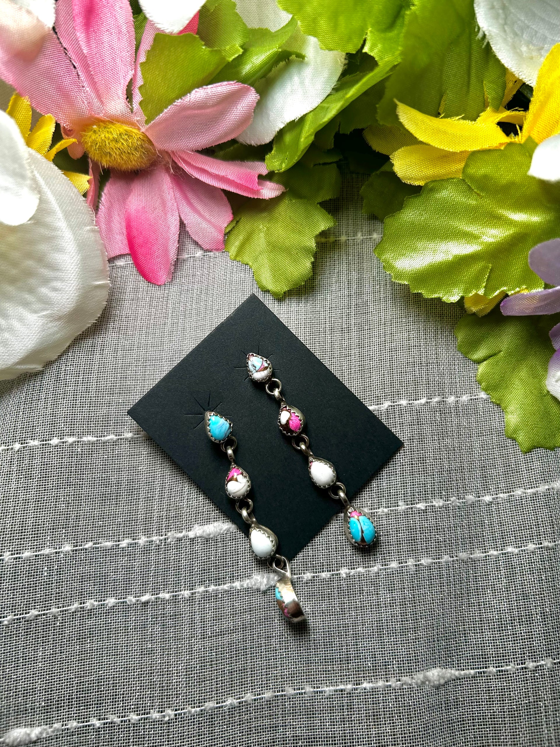 Navajo Made Cotton Candy Dahlia & Sterling Silver Post Dangle Earrings